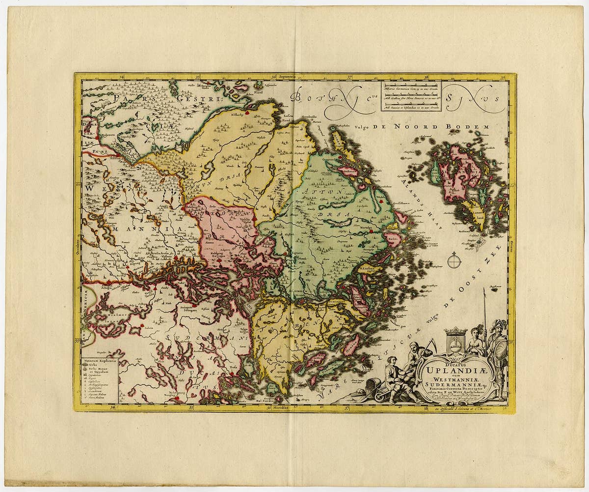 Original and Decorative Antique Engraved Map of Finland and Sweden, ca.1720