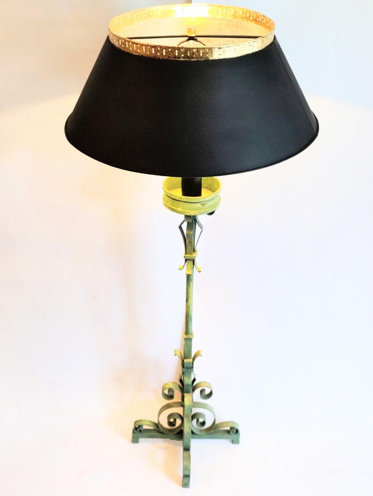 Neoclassical Revival Original and Elegant Wrought Iron Lamp from the 1950s. in Green, Black and Gold. For Sale