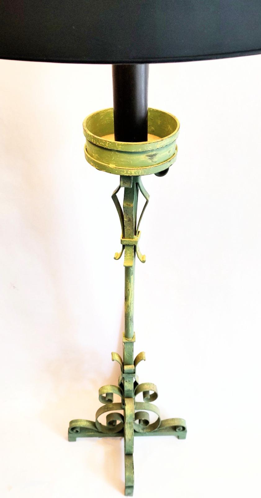 Forged Original and Elegant Wrought Iron Lamp from the 1950s. in Green, Black and Gold. For Sale