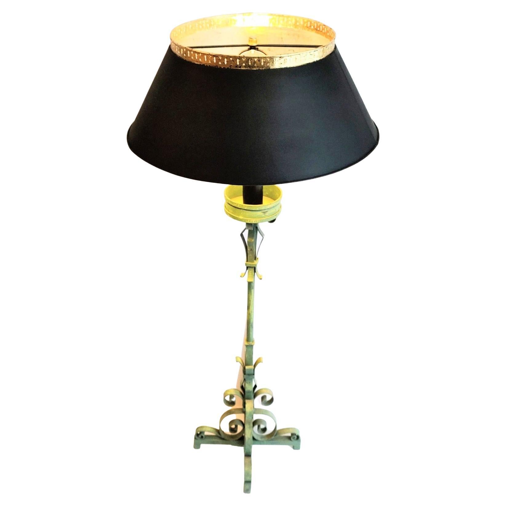 Original and Elegant Wrought Iron Lamp from the 1950s. in Green, Black and Gold. For Sale