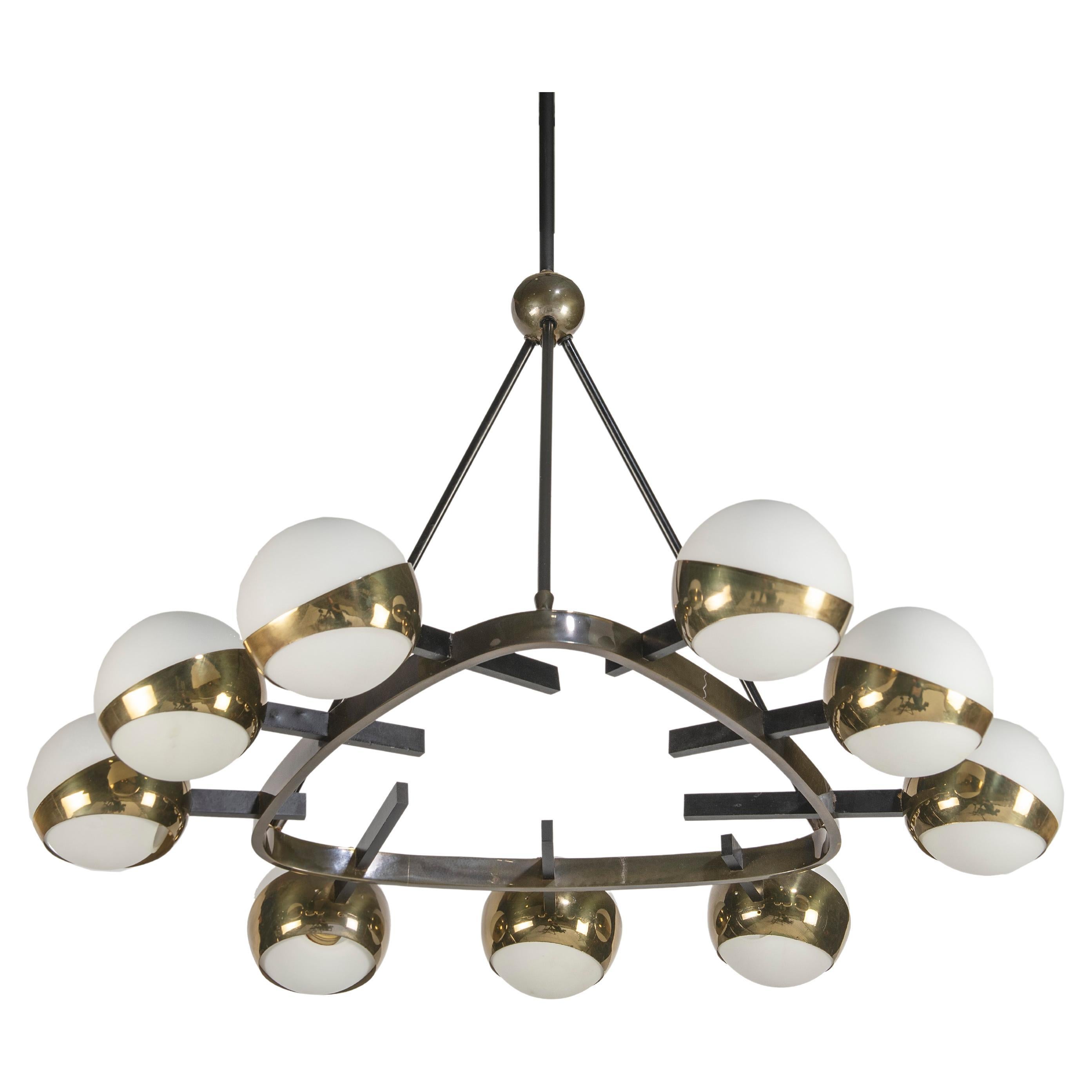 Three Shade Brass and Satin Glass Chandelier by Stilnovo at 1stDibs