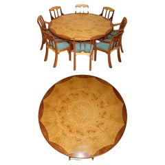 ORIGINAL ANDREW VARAH BURR WALNUT & AMBOYNA WOOD ROUND DiNING TABLE & CHAIRS SET