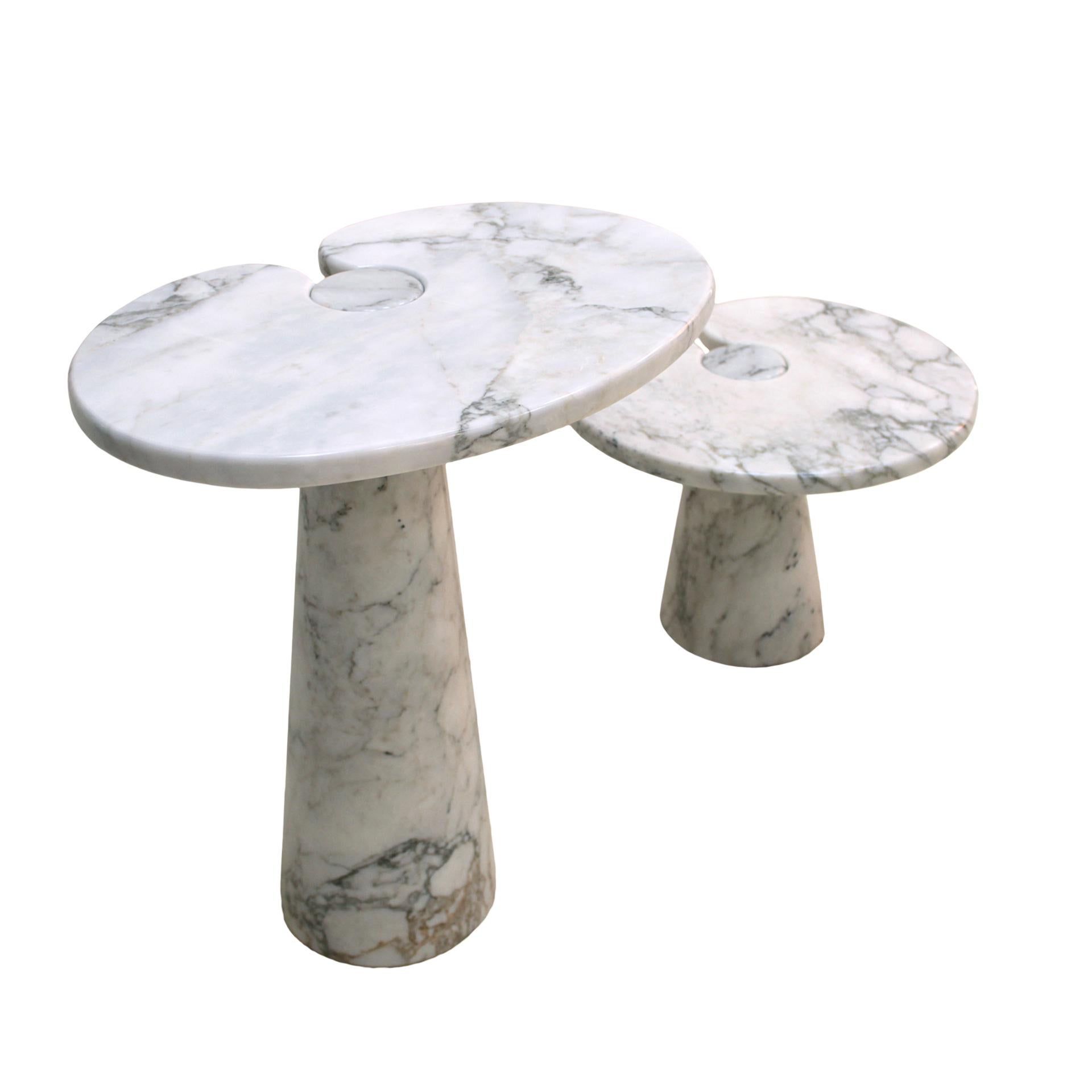 Pair of Arabescato marble side tables designed by Angelo Mangiarotti. The tables belong to the 