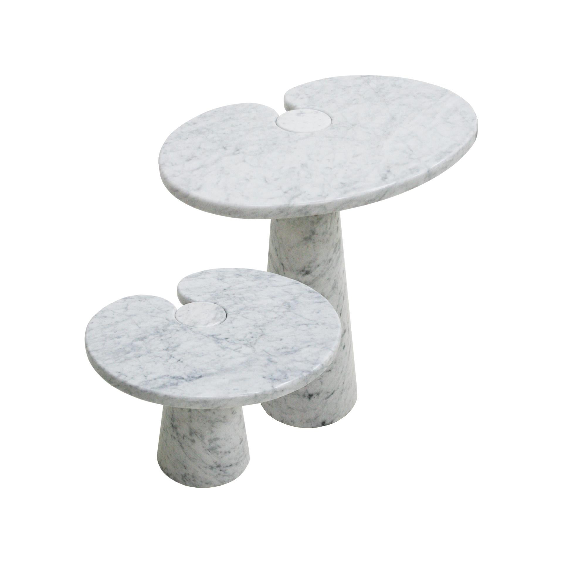 Pair of Carrara marble side tables designed by Angelo Mangiarotti. The tables belong to the 