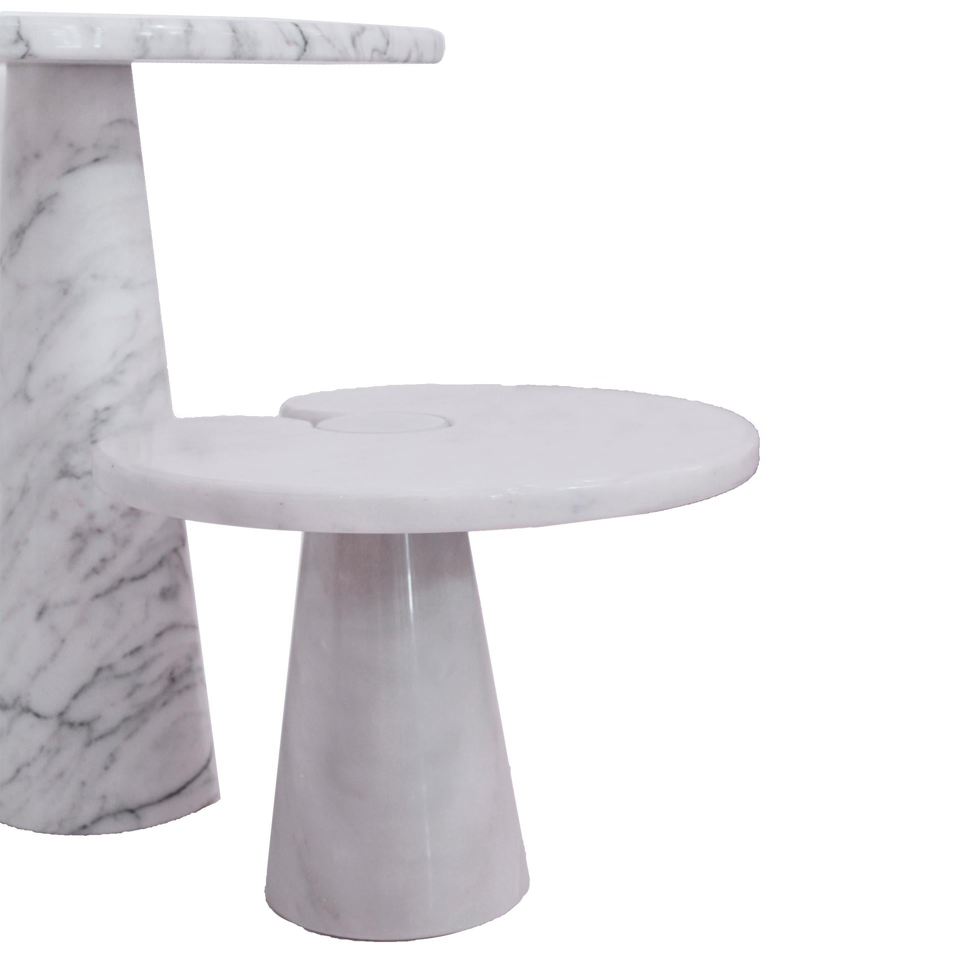 Pair of Arabescato marble side tables designed by Angelo Mangiarotti. The tables belong to the 