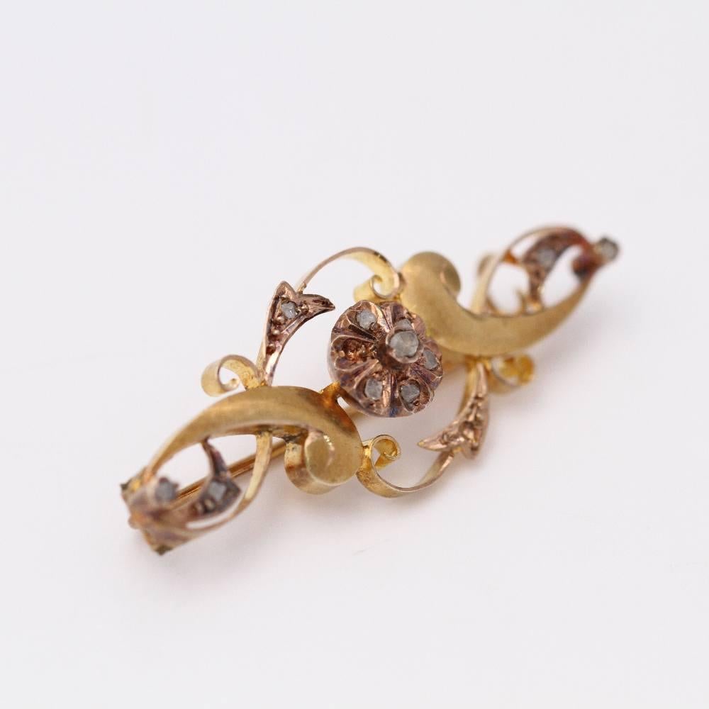Antique Cushion Cut Original ANTIC Brooch in Gold with Diamonds For Sale