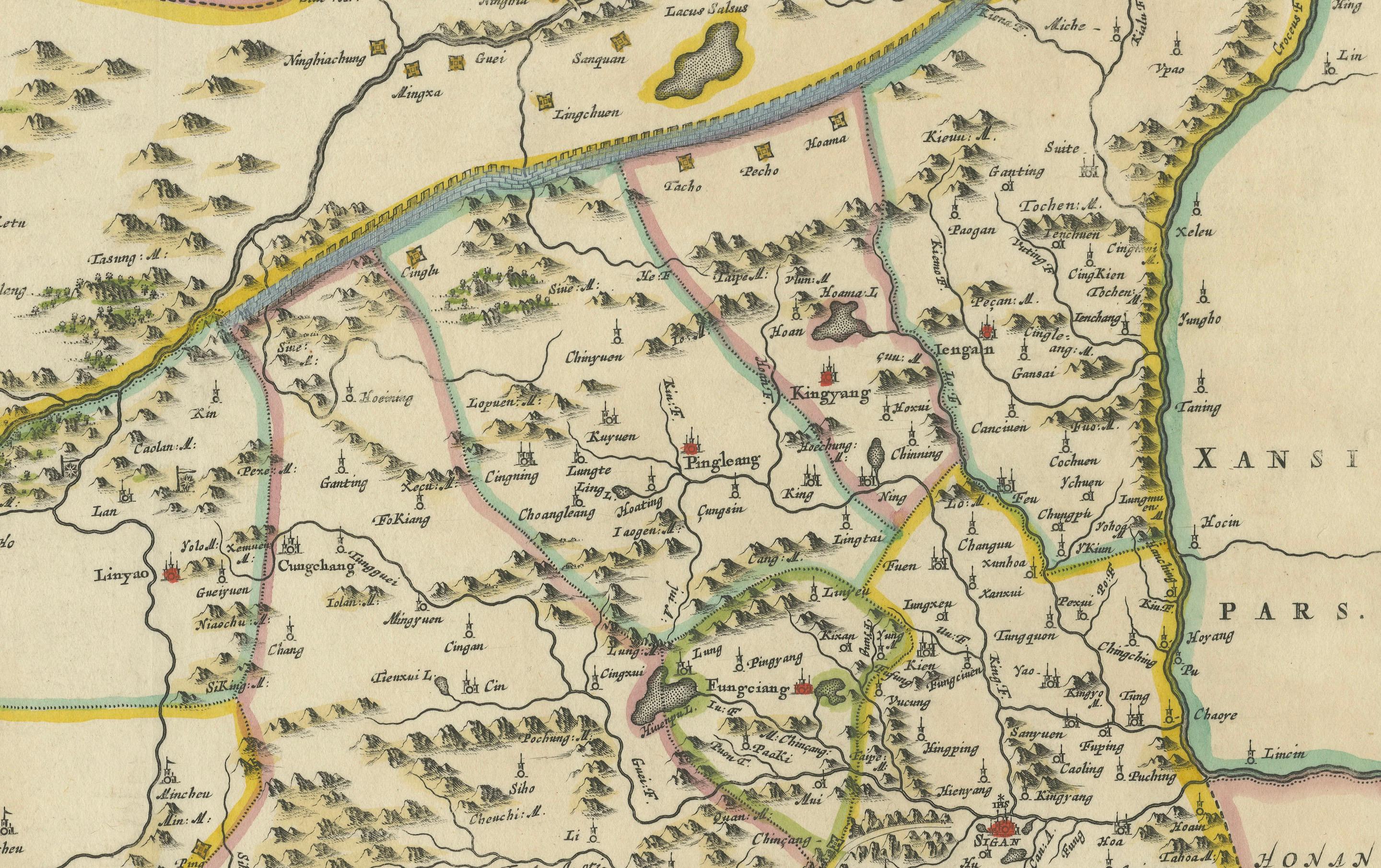 Engraved Original Antique 17th-Century Map of Shaangxi (Xensi) Province, China – by Blaeu For Sale