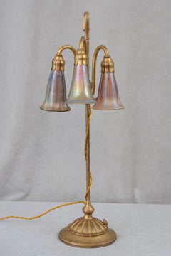 Original Antique 3 Lite Lily Table Lamp, Gilt Bronze Base, ca.1905