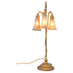 Original Antique 3 Lite Lily Table Lamp, Gilt Bronze Base, ca.1905