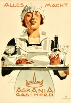 Original Antique Advertising Poster Askania Gas Stove Ludwig Hohlwein Maid