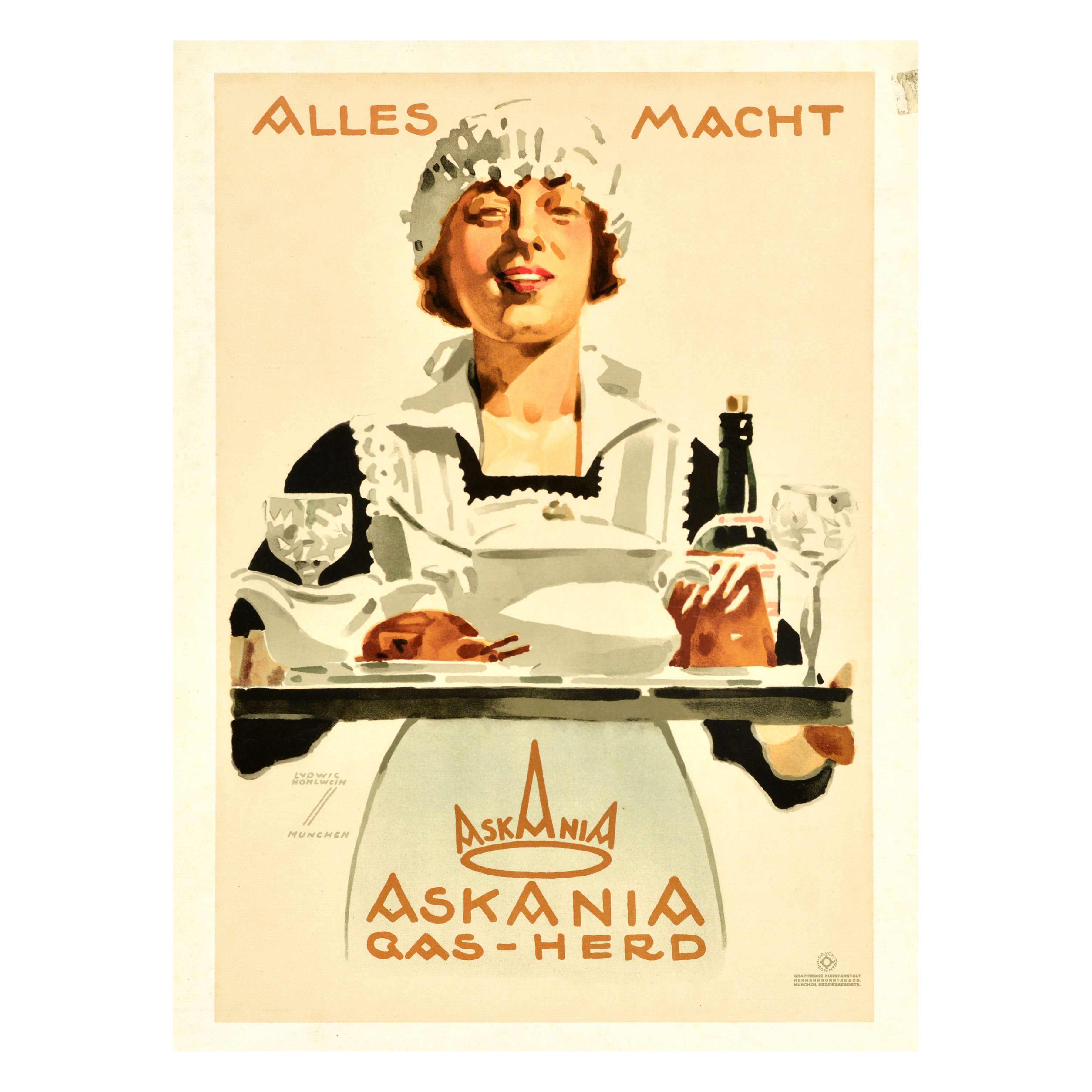Original Antikes Werbeplakat Askania Gasherd Ludwig Hohlwein Maid im Angebot