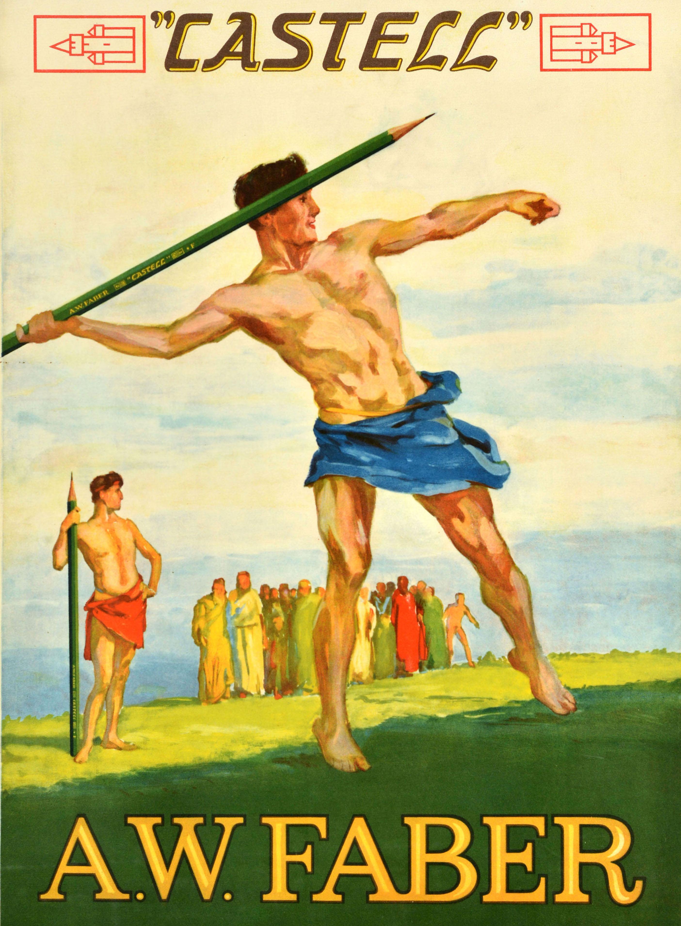 Originales antikes Werbeplakat für Castell A.W. Faber-Briefpapier mit einem jungen Athleten, der einen grünen AW Faber-Bleistift als Speer wirft, mit einem anderen Speerwerfer und Zuschauern im Hintergrund, alle in antiker Toga-Kleidung gekleidet,