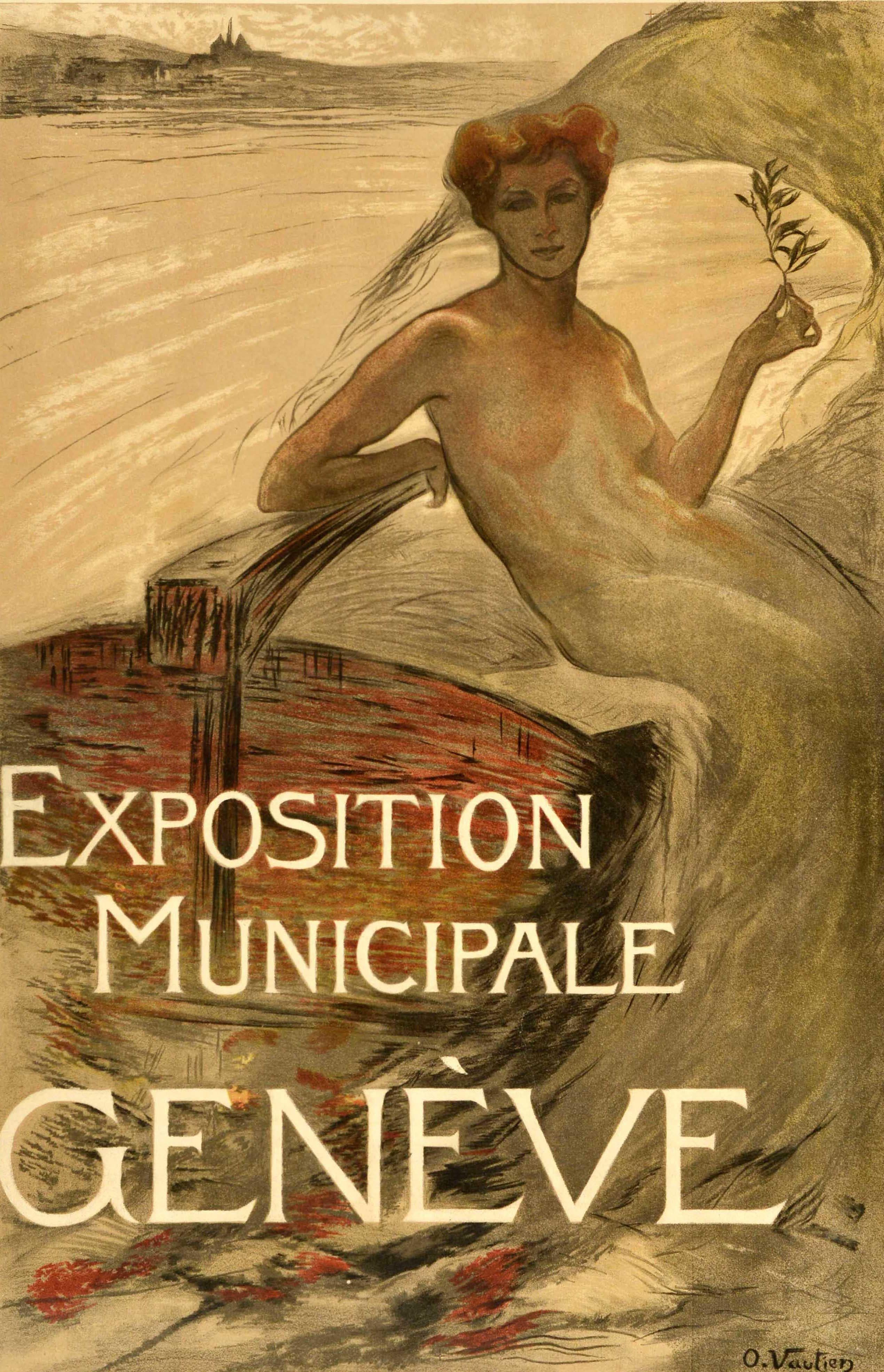 Original antique advertising poster for a Beaux Arts Exposition Municipale Geneve / Fine Arts Exhibition Geneva held at Batiment Electoral building from 25 August to 25 September 1906 featuring beautiful artwork by Otto Vautier (1863-1919) depicting