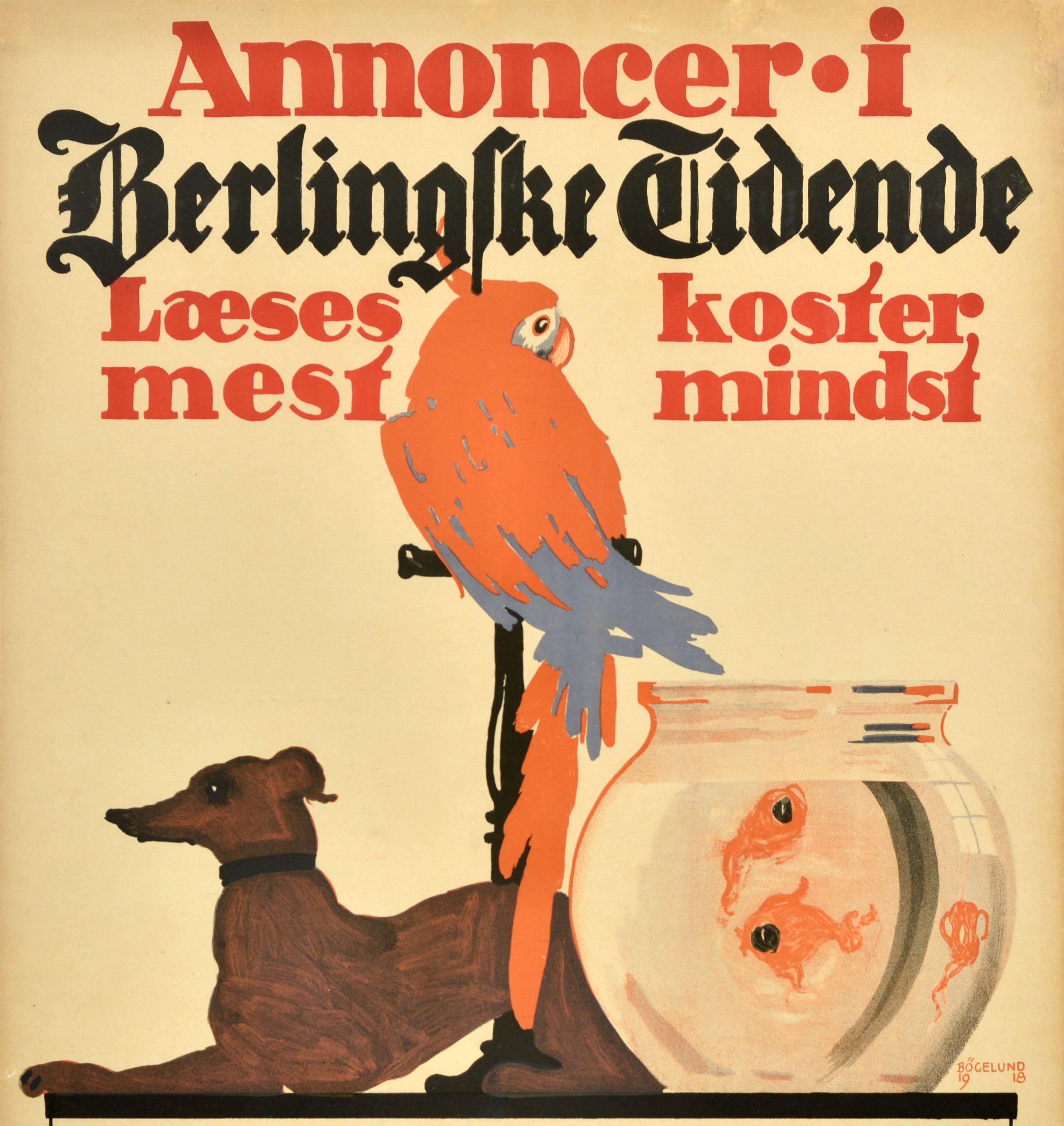 Danish Original Antique Advertising Poster Berlingske Tidende Newspaper Parrot Dog Fish For Sale