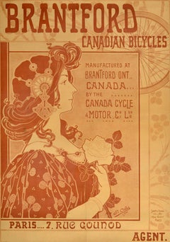 Poster pubblicitario originale d'epoca Brantford Canadian Bicycles Art Nouveau