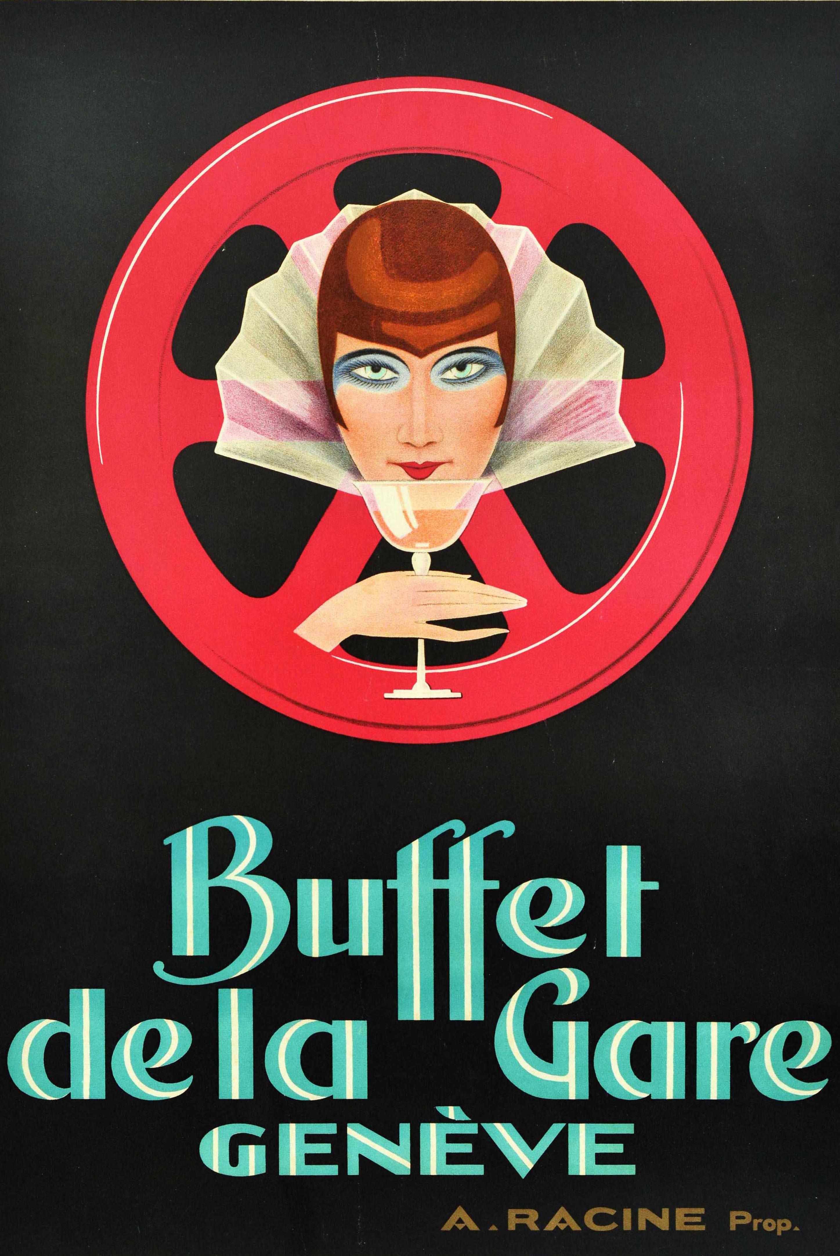 Affiche publicitaire ancienne originale pour le Buffet De La Gare Geneve / Station Buffet Geneva présentant une étonnante image Art Déco d'une dame regardant le spectateur, tenant un verre à boire sur une roue rouge sur le fond noir, le texte
