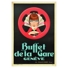 Poster pubblicitario originale antico Buffet De La Gare Geneve Art Deco Ginevra