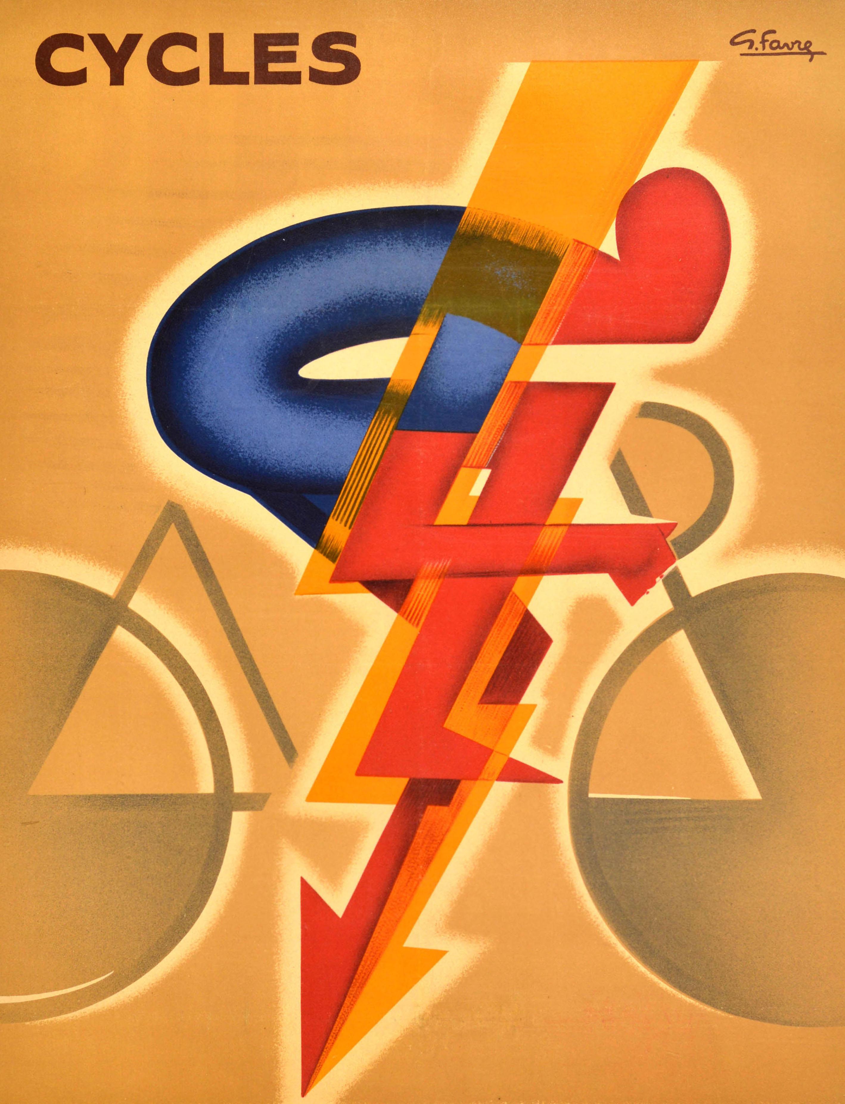 Affiche publicitaire ancienne pour une marque française de bicyclettes - Cycles Dilecta - présentant un dessin Art Déco dynamique et coloré représentant une figure stylisée d'un cycliste penché vers l'avant et roulant à vive allure, avec une flèche