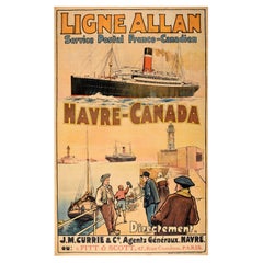 Affiche publicitaire d'origine ancienne et originale Franco Canadian Allan Shipping Line Havre