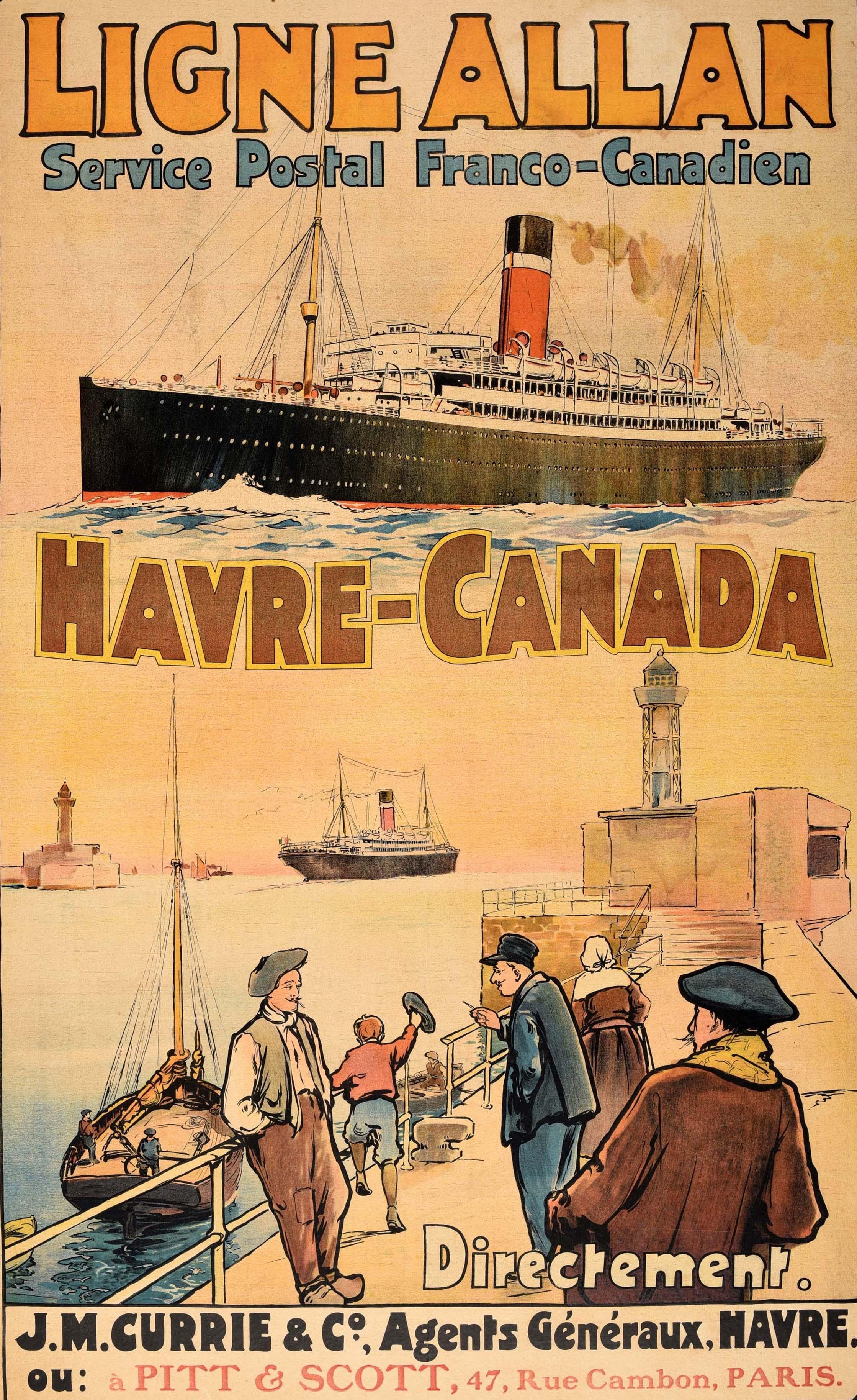 Original antique advertising poster for the Ligne Allan Service Postal Franco Canadien Havre Canada. Great design depicting an ocean liner at sea between the bold stylised title lettering with an image below showing people on a boat with the sail