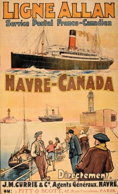 Affiche publicitaire d'origine ancienne et originale Franco Canadian Allan Shipping Line Havre