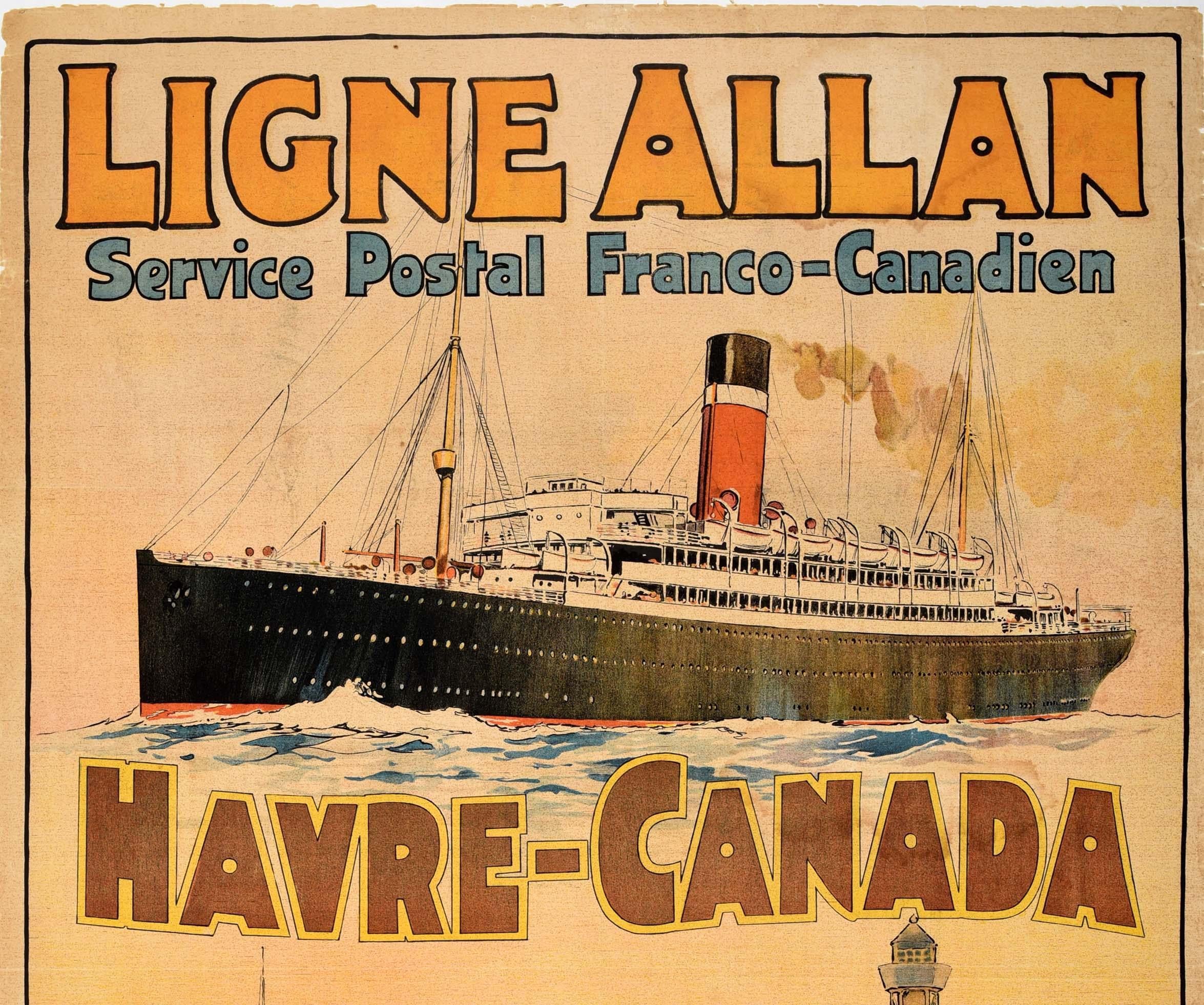 British Original Antique Advertising Poster Franco Canadian Allan Shipping Line Havre For Sale