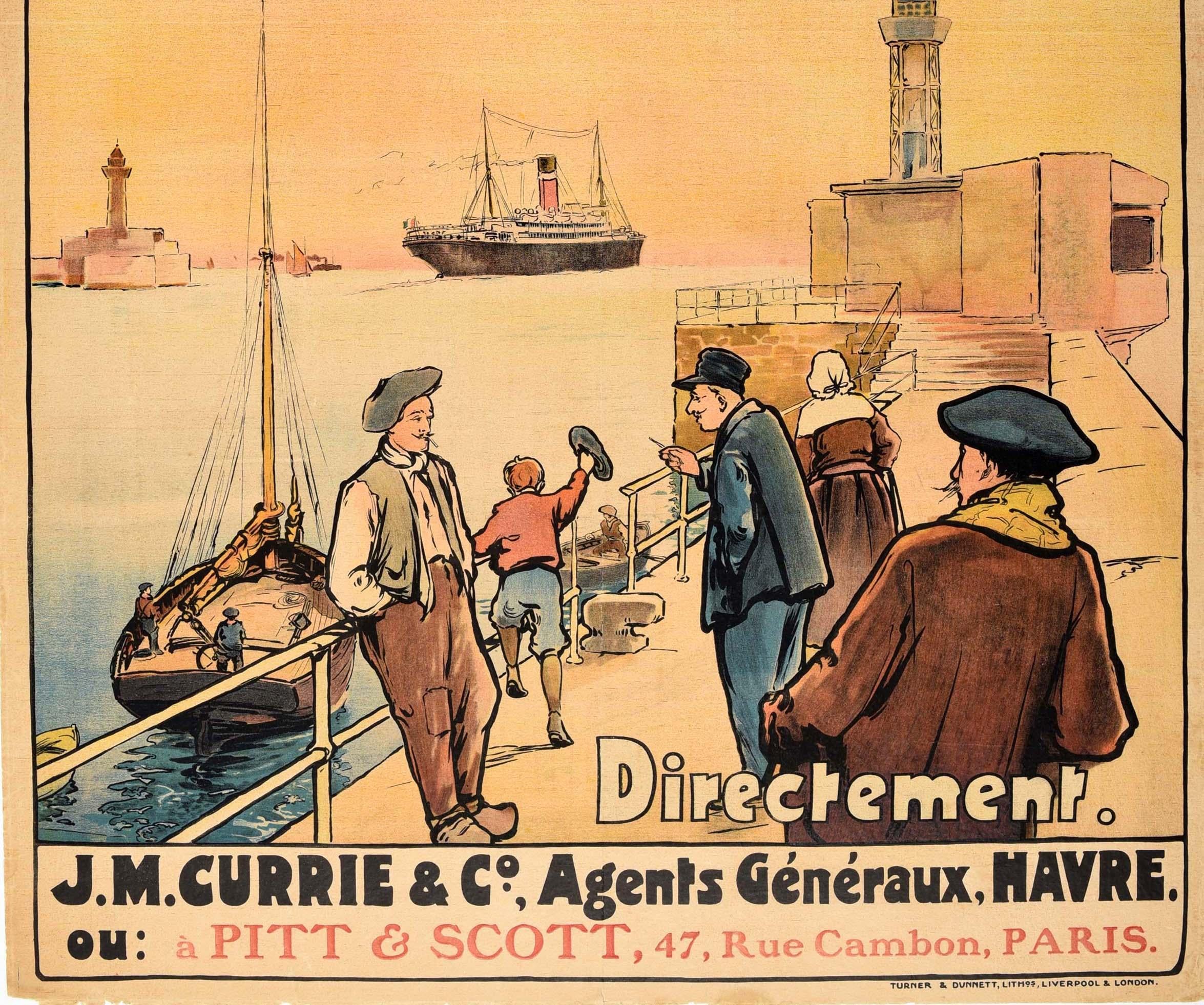Original Antique Advertising Poster Franco Canadian Allan Shipping Line Havre In Good Condition For Sale In London, GB