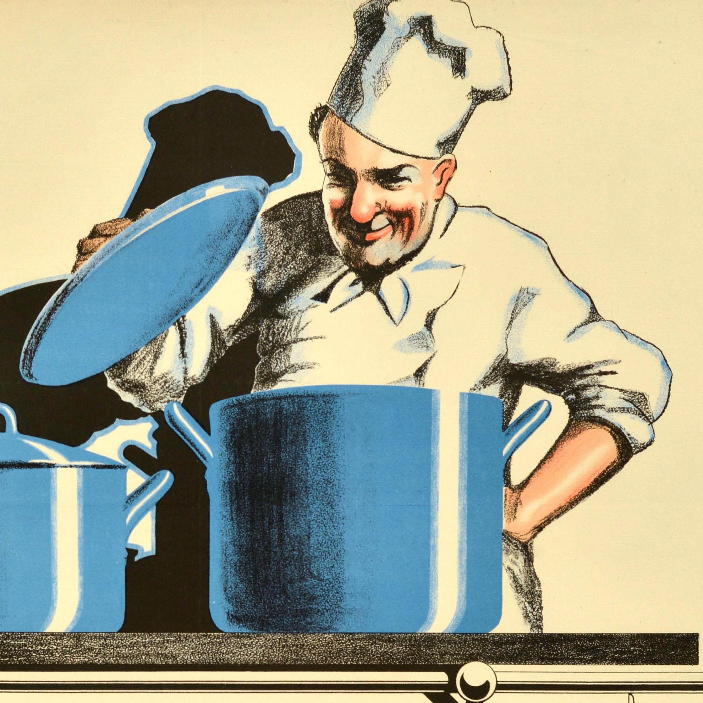 Original antique advertising poster for cooking with gas featuring an illustration of a smiling chef in white uniform and hat lifting a lid off a large blue cast iron pot on a stove with the caption below in stylised German lettering - nur mit Gass!