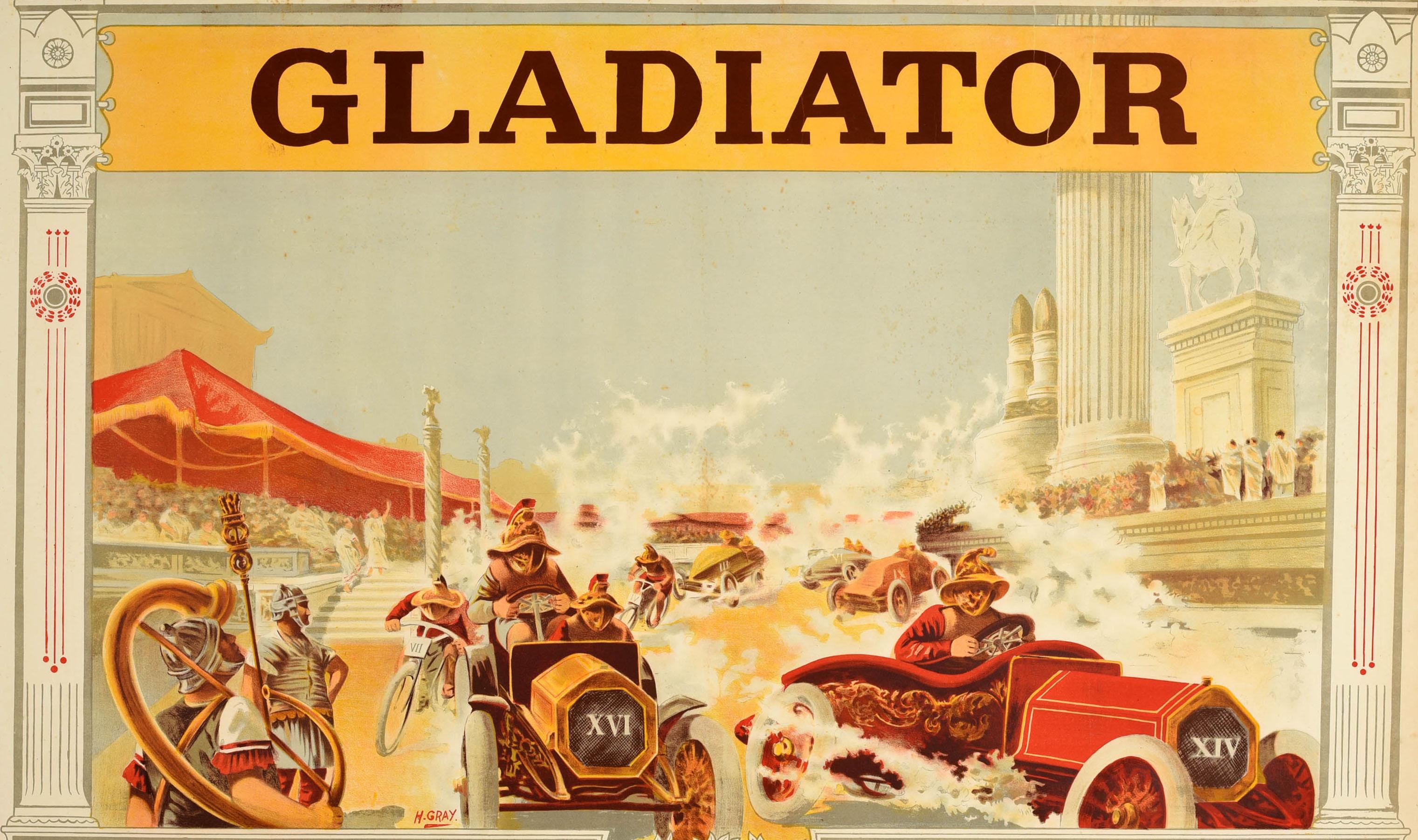 Original antique advertising poster for Gladiator Automobiles and Cycles featuring great artwork by Henri Gray (aka Henri Boulanger; 1858-1924) depicting classic cars speeding and motorbikes racing towards the viewer on an ancient Roman style track