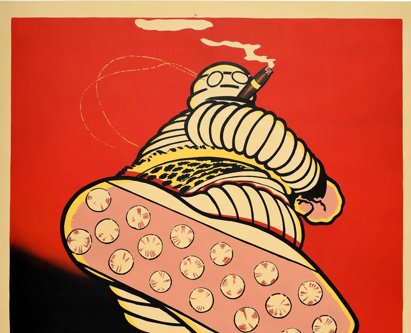 Affiche publicitaire ancienne pour Le Coup De La Semelle Michelin / The Power of the Michelin Sole comportant une superbe illustration du dessinateur français Marius Rossillon (connu sous le nom d'O'Galop ; 1867-1946) qui a créé le personnage