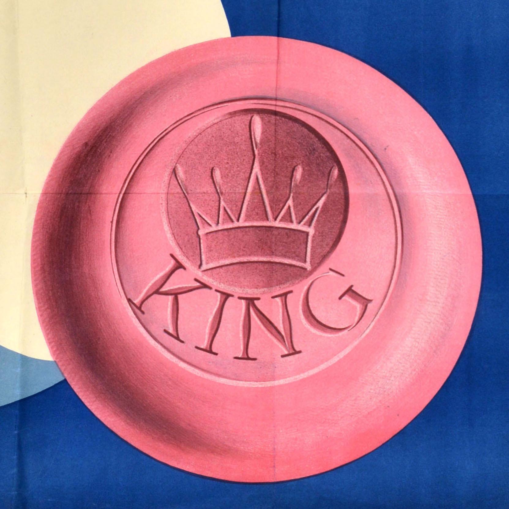 Original antique advertising poster for Bade Seife King bath soap featuring a colourful illustration of a pink round bar of soap bar marked with a crown and the brand name King in front of a blue sea wave topped with a crown and a spray of water