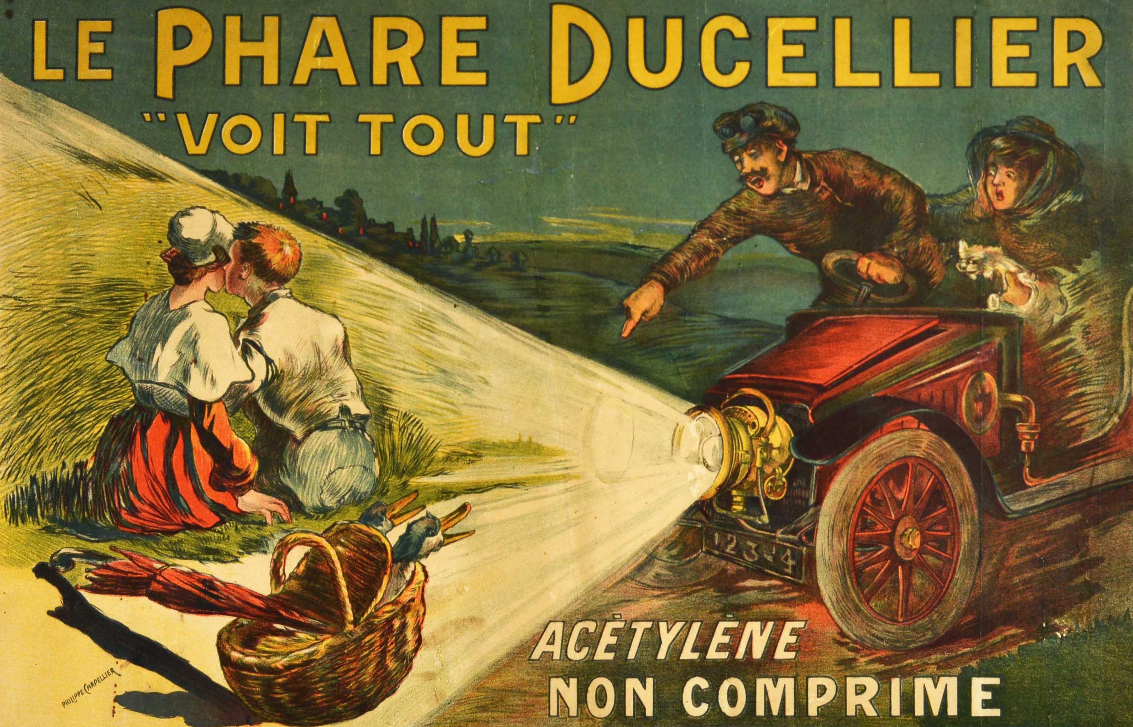 French Original Antique Advertising Poster Le Phare Ducellier Car Headlights 