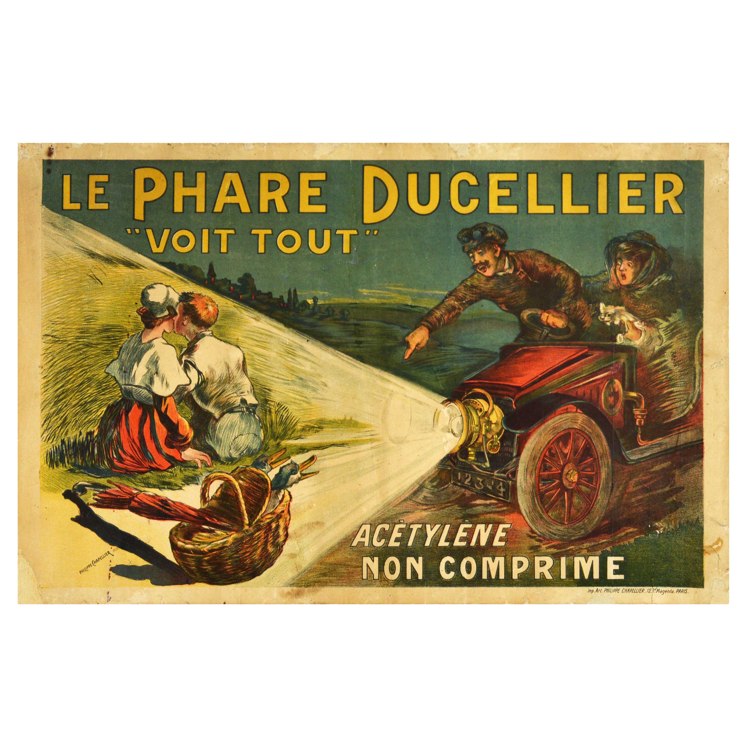 Original Antikes Werbeplakat Le Phare Ducellier Auto-Kopfleuchten „Sees All“