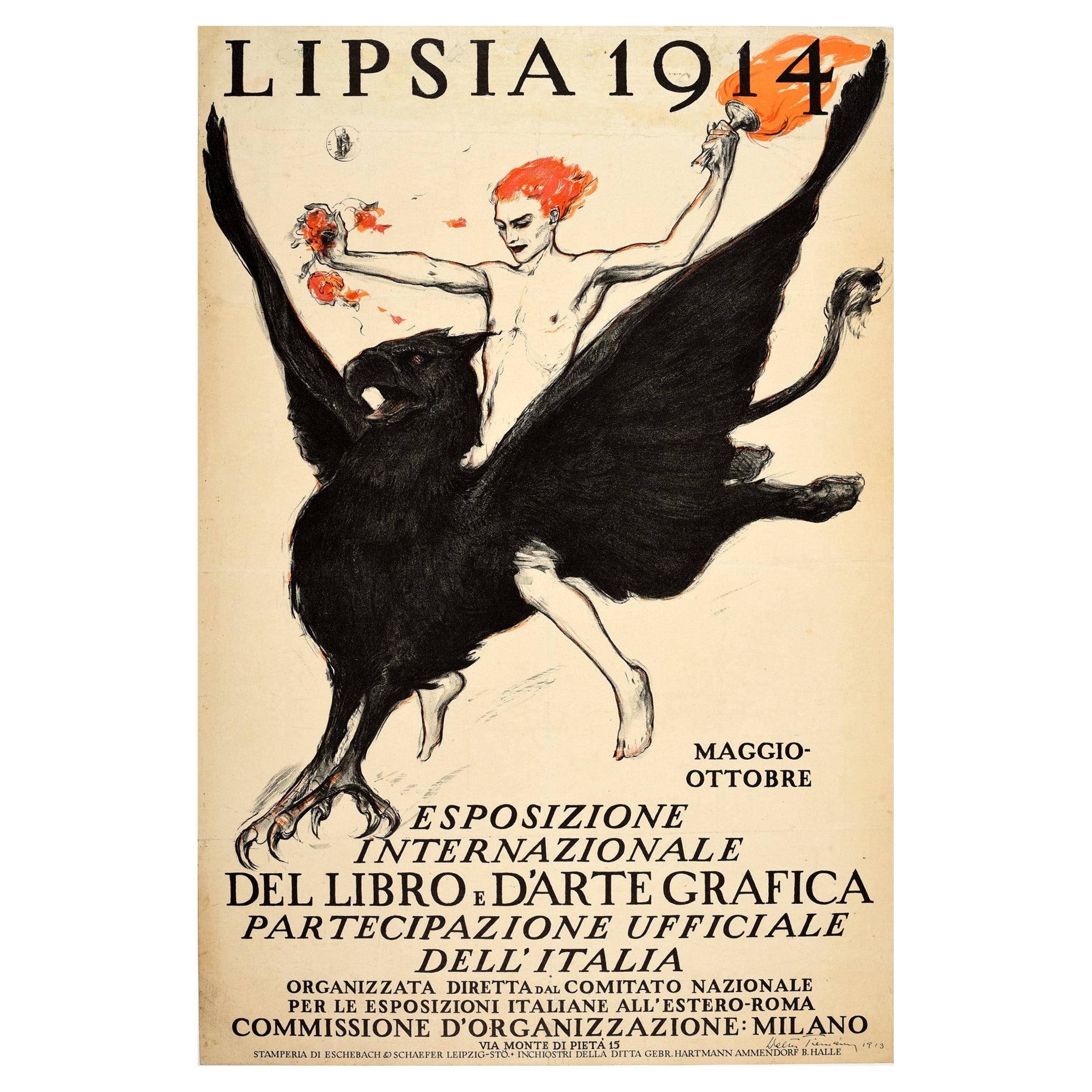Original Antique Advertising Poster Lipsia Book & Graphic Art Exhibition Griffin