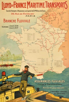 Cartel Publicitario Antiguo Original Lloyds France Maritime Transports Insurance