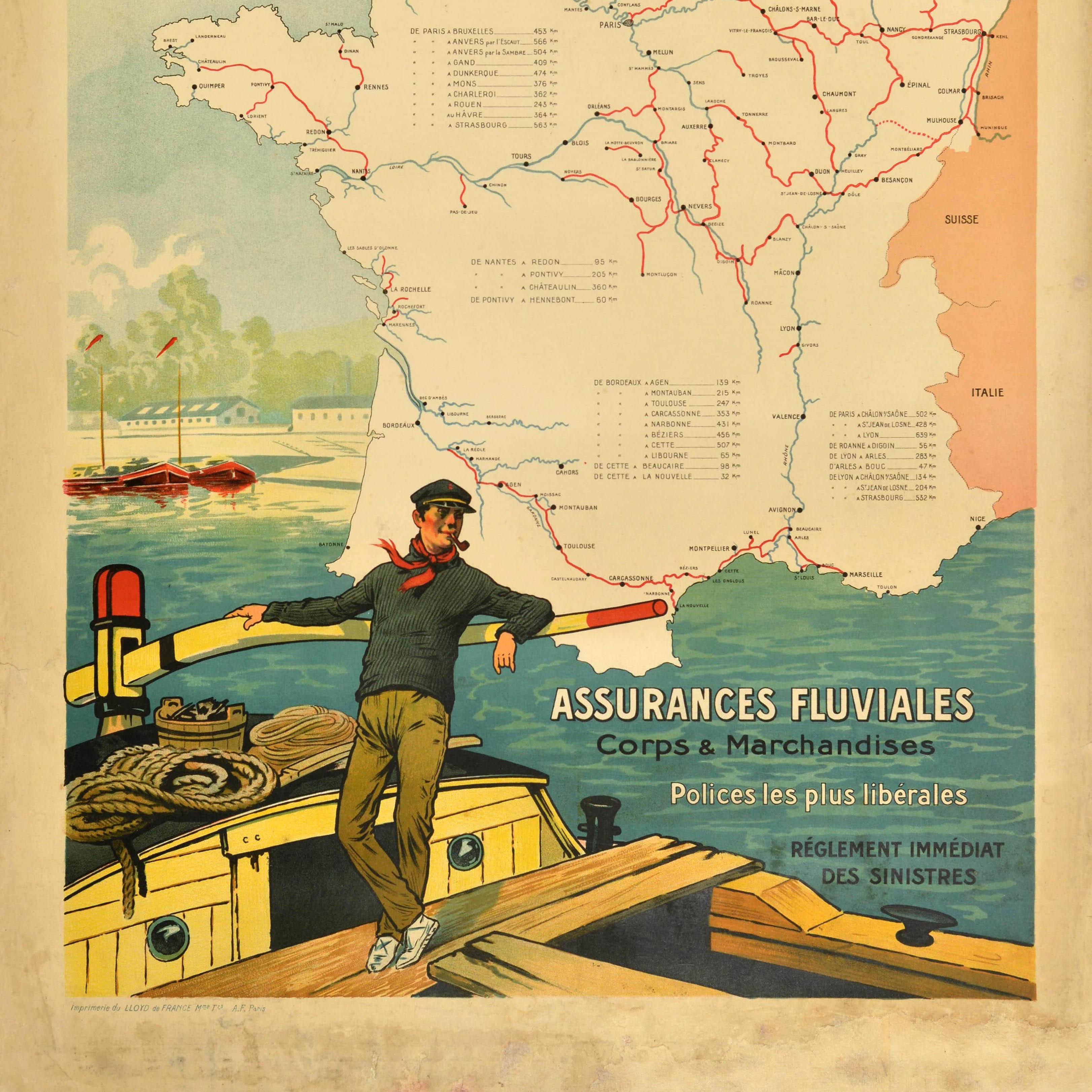 Original Antique Advertising Poster Lloyds France Maritime Transports Insurance In Fair Condition For Sale In London, GB