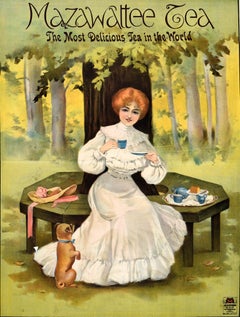 Original-Werbeplakat aus der Antike: „Mazawattee Tea Lady Puppy Picnic Woods“