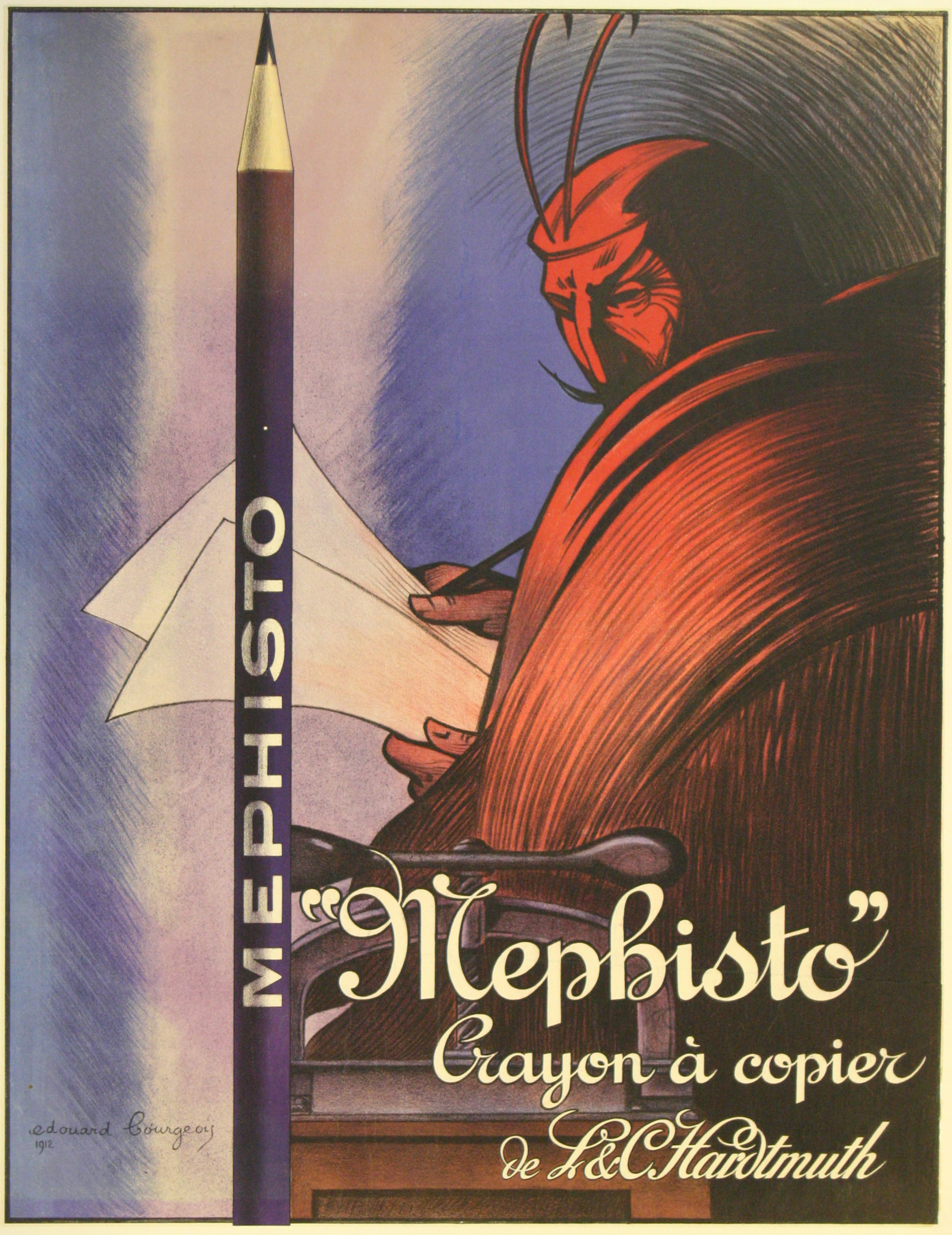 Original Antique Advertising Poster Mephisto Pencils Red Devil Edouard Bourgeois For Sale