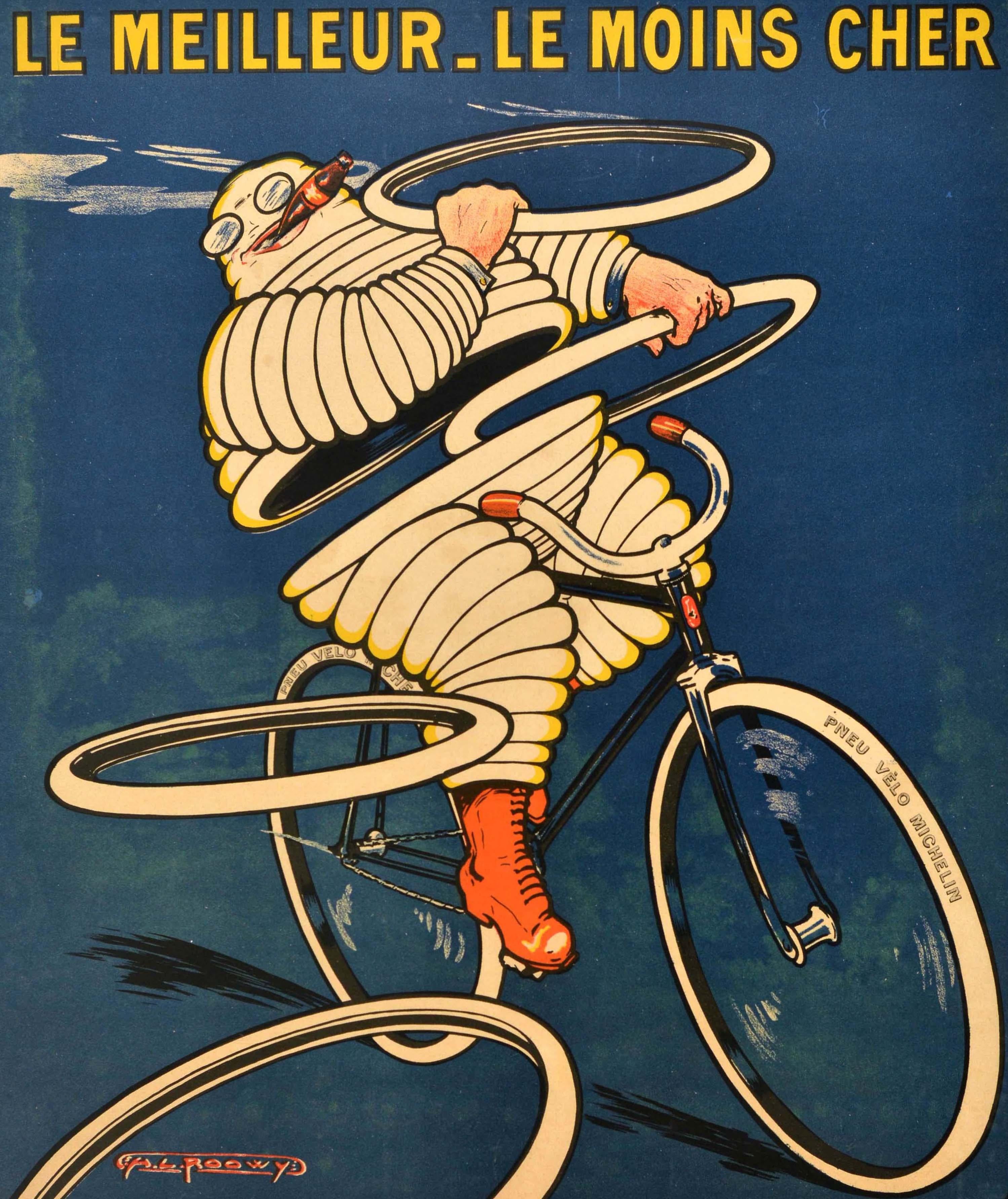Original antique advertising poster for Michelin tyres featuring a great illustration showing the trademark Bibendum character - the iconic Michelin Man figure made from tyres - smoking a cigar and riding a bicycle at speed while throwing tires
