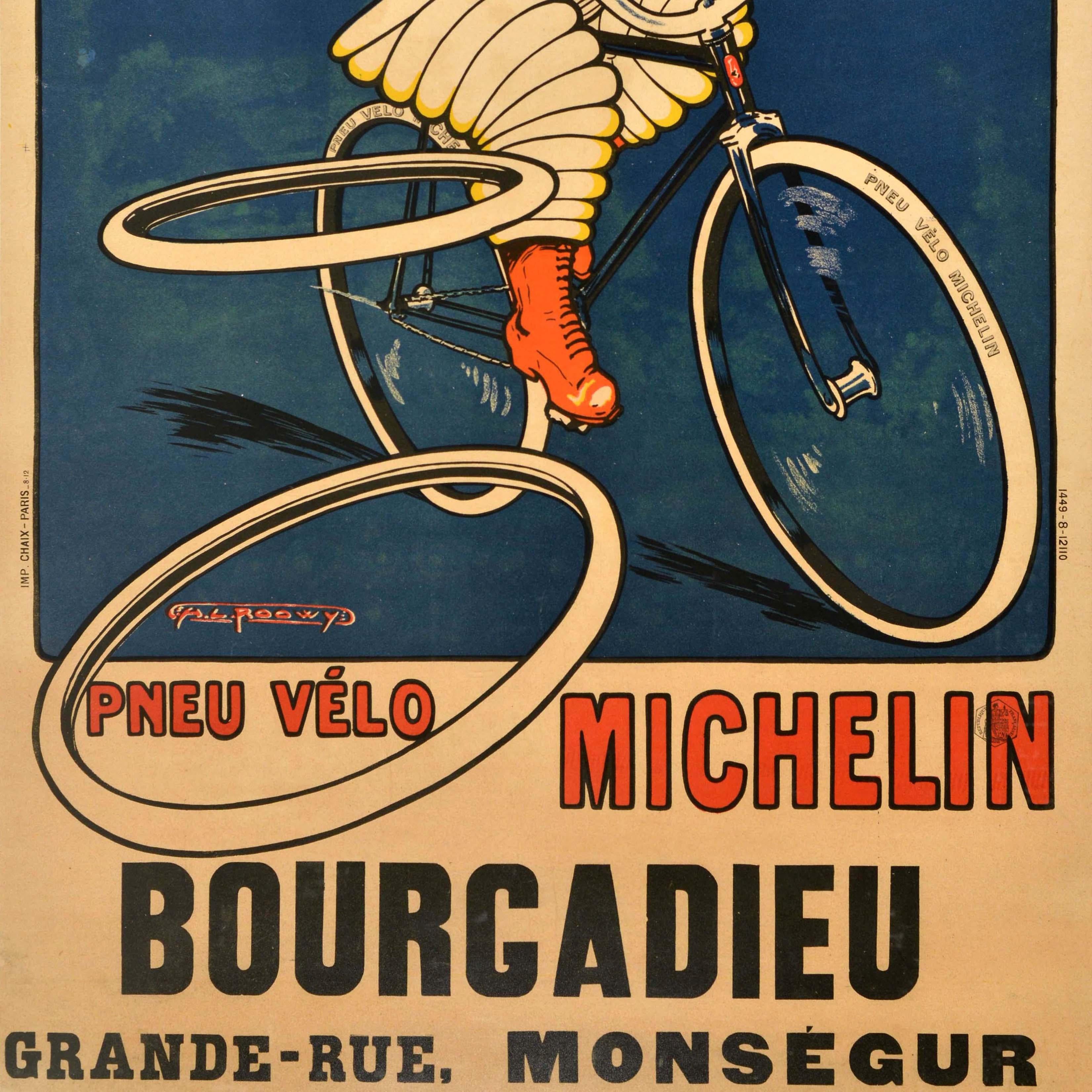 Original Antique Advertising Poster Michelin Bike Tyre Bourgadieu Bibendum Roowy In Good Condition In London, GB