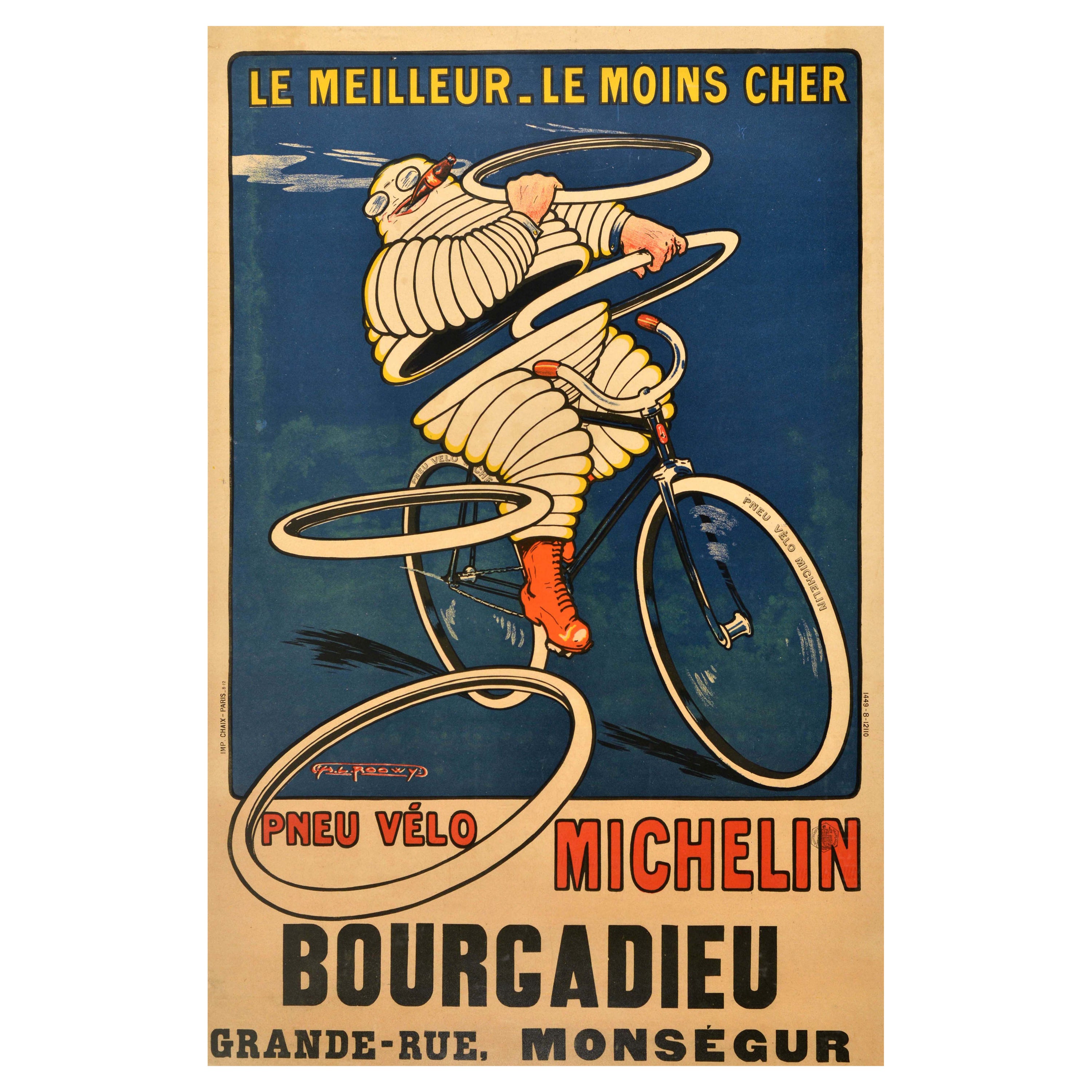 Original Antique Advertising Poster Michelin Bike Tyre Bourgadieu Bibendum Roowy