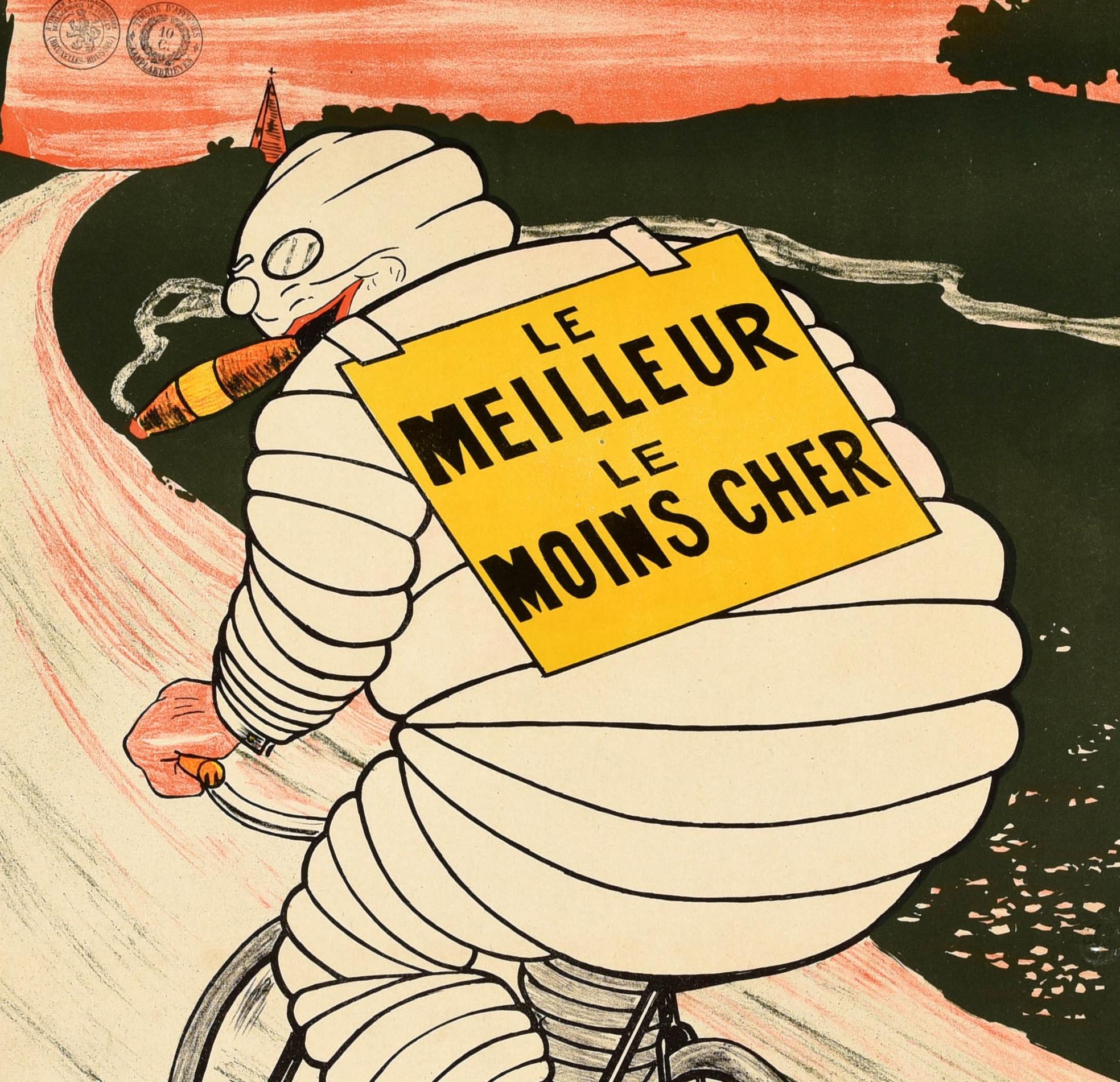 Original antique advertising poster for Michelin tyres featuring a great illustration showing the trademark Bibendum character - the iconic Michelin Man figure made from tyres - smoking a cigar and riding a bicycle at speed along a country road with