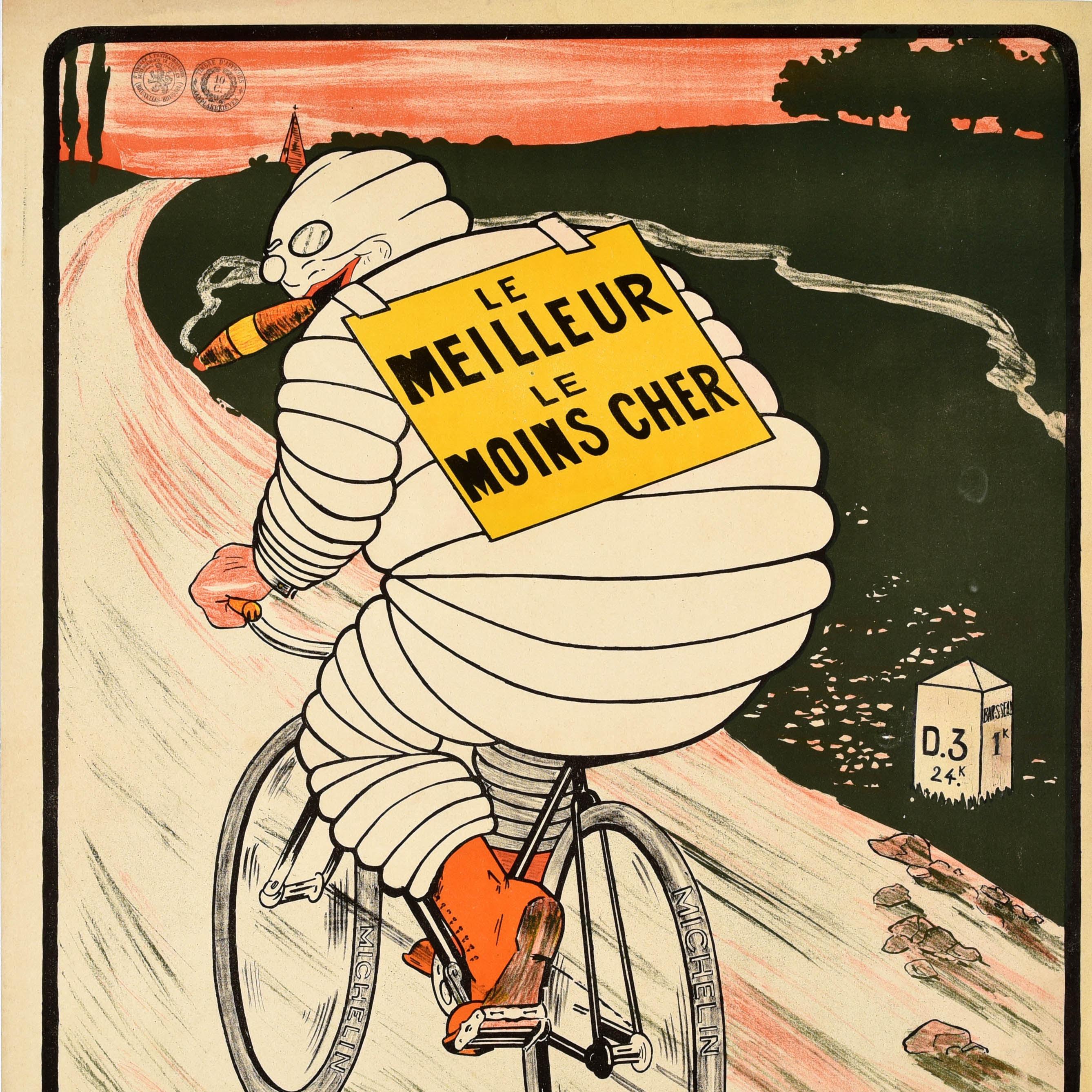 Belge Affiche publicitaire d'origine ancienne Michelin Man Bibendum Tyres Cigar Bicyclette en vente