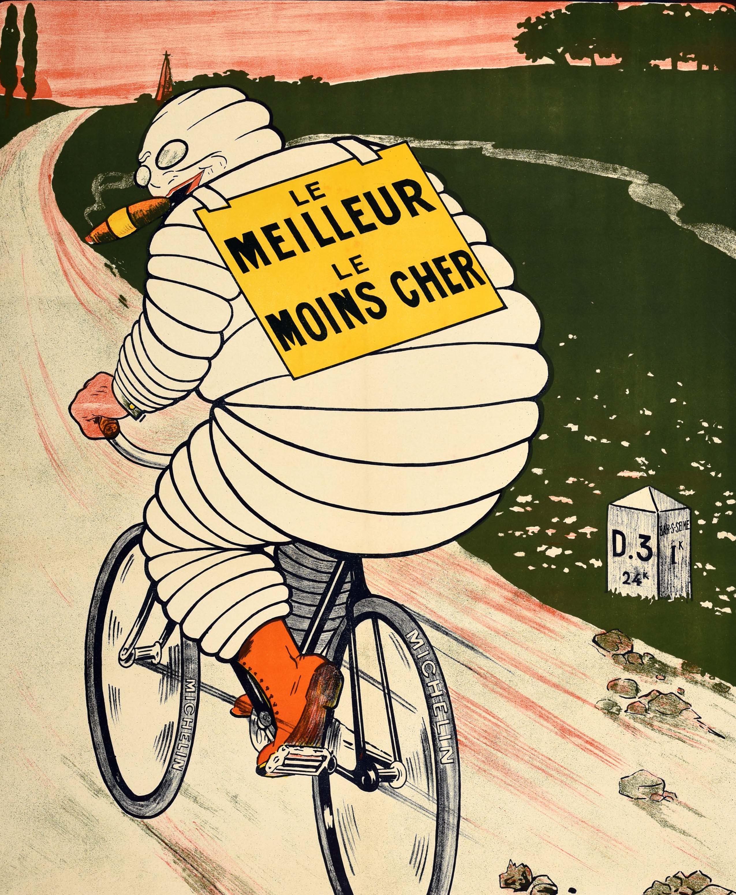 Ancienne affiche publicitaire originale pour les pneus Michelin comportant une superbe illustration montrant le personnage Bibendum - l'emblématique Bibendum fabriqué à partir de pneus - fumant un cigare et roulant à bicyclette sur une route de
