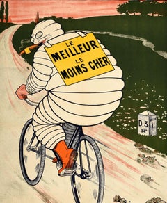Original Antique Advertising Poster Michelin Man Tyres Bibendum Bicycle Cigar