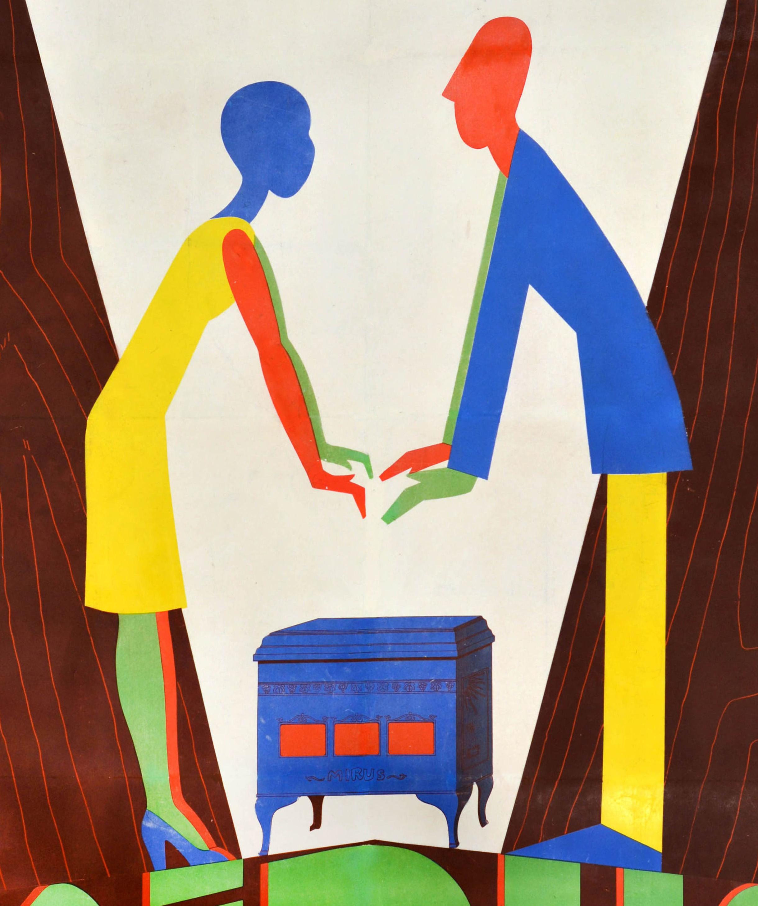 Original antique advertising poster for Mirus poele a bois / wood burning heaters featuring a colourful stylised illustration of a lady and a man warming their hands over the stove set on a V shaped white and wooden pattern background with the text