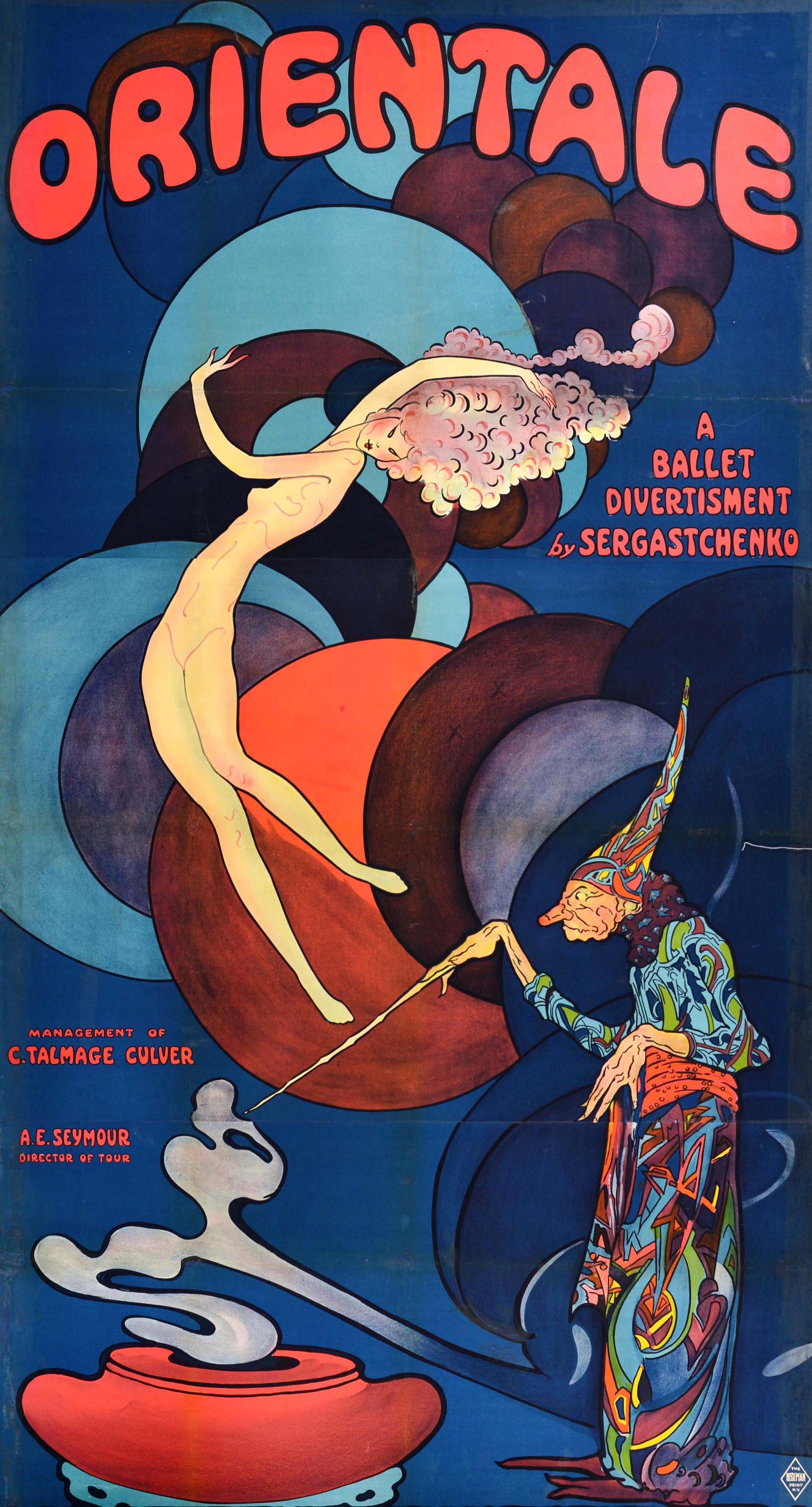Original antique advertising poster - Orientale A Ballet Divertissement by Sergastchenko management of C. Talmage Culver A.E. Seymour director of tour - featuring a great illustration depicting a dancing lady with a mass of curling hair and a witch