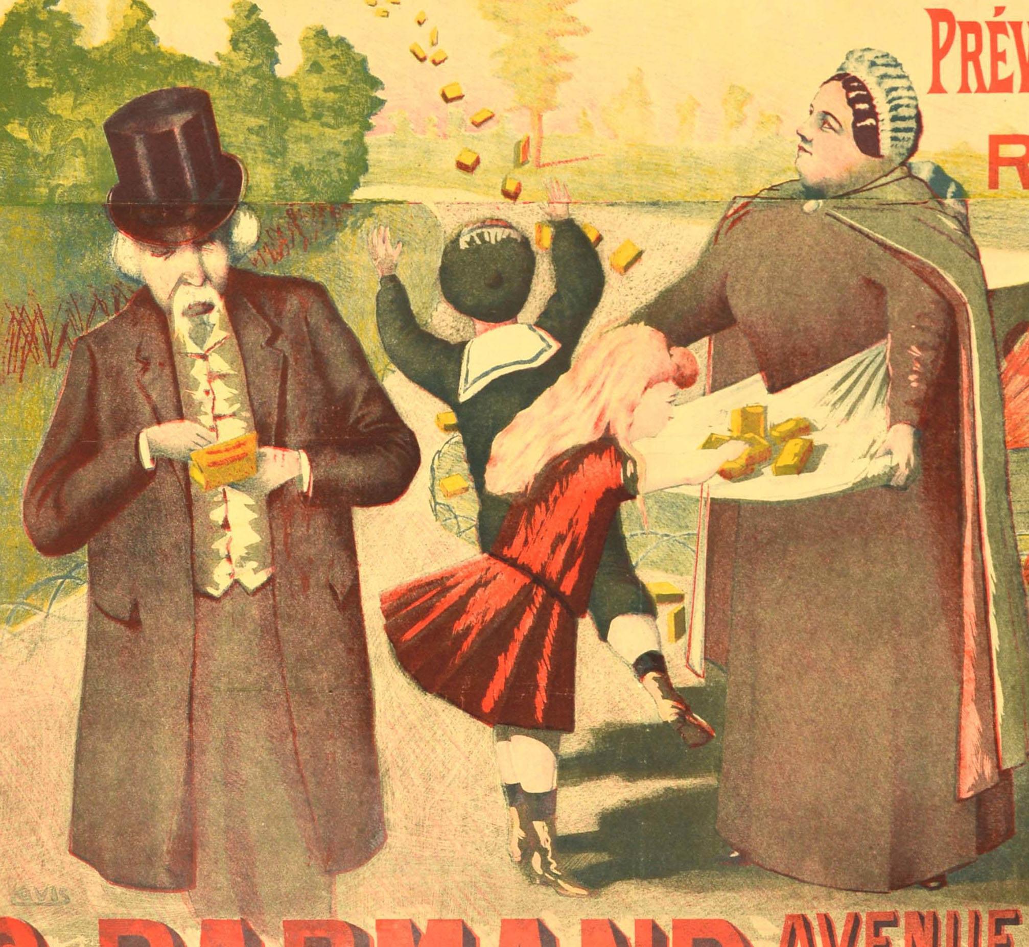 Originales antikes Werbeplakat für Pastilles au Miel mit Honiggeschmack, das eine Illustration der medizinischen Bonbons zeigt, die von einem Luftschiff auf einen Park fallen, in dem Kinder sie auffangen und auf die Schürze einer Dame legen, hinter