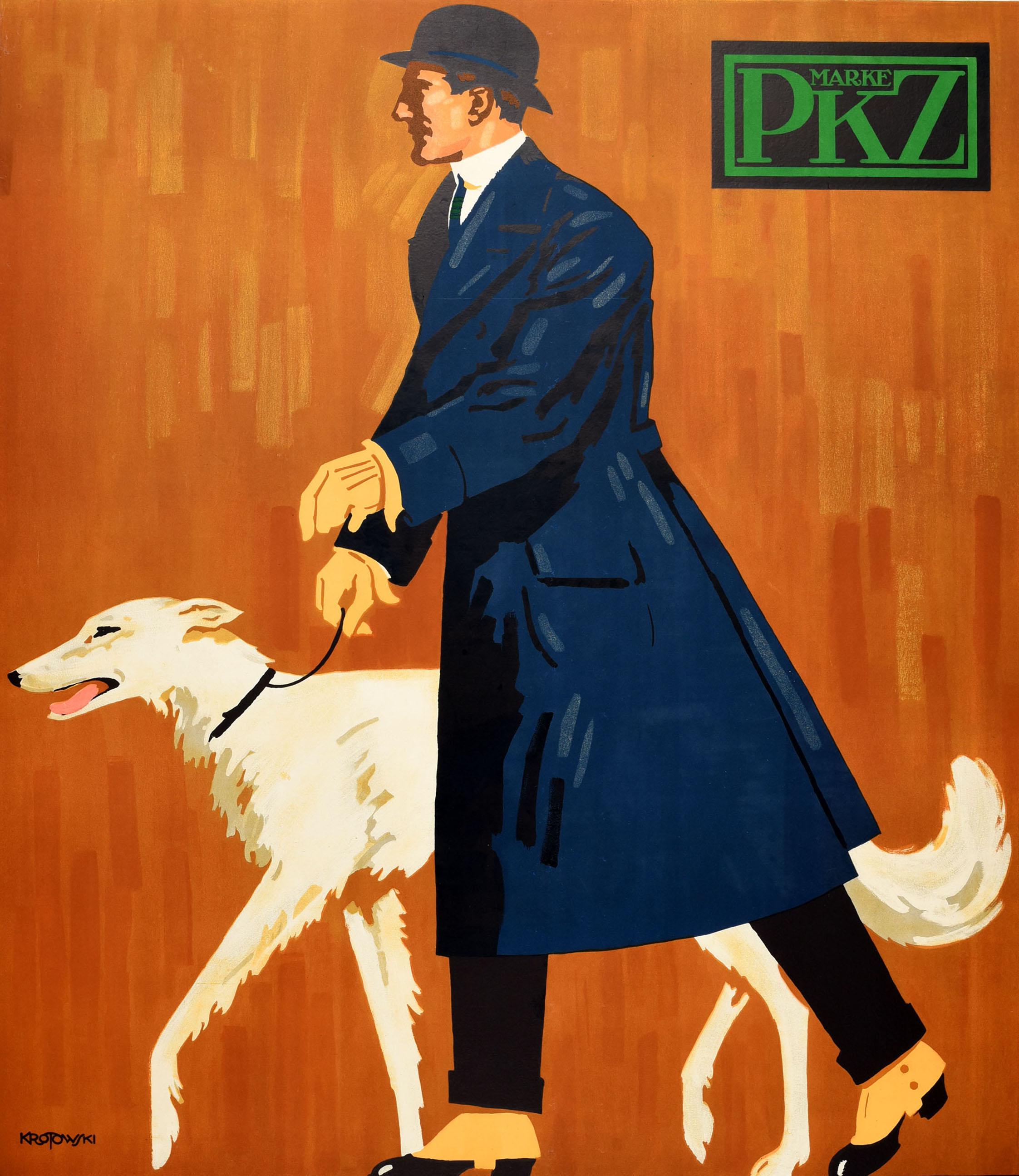 Original antique men's fashion advertising poster for Marke PKZ Burger Kehl & Co features a great design by Stephan Krotowski (1881-1948) depicting a well dressed man wearing a long blue coat over a suit with smart shoes and a hat, walking his dog