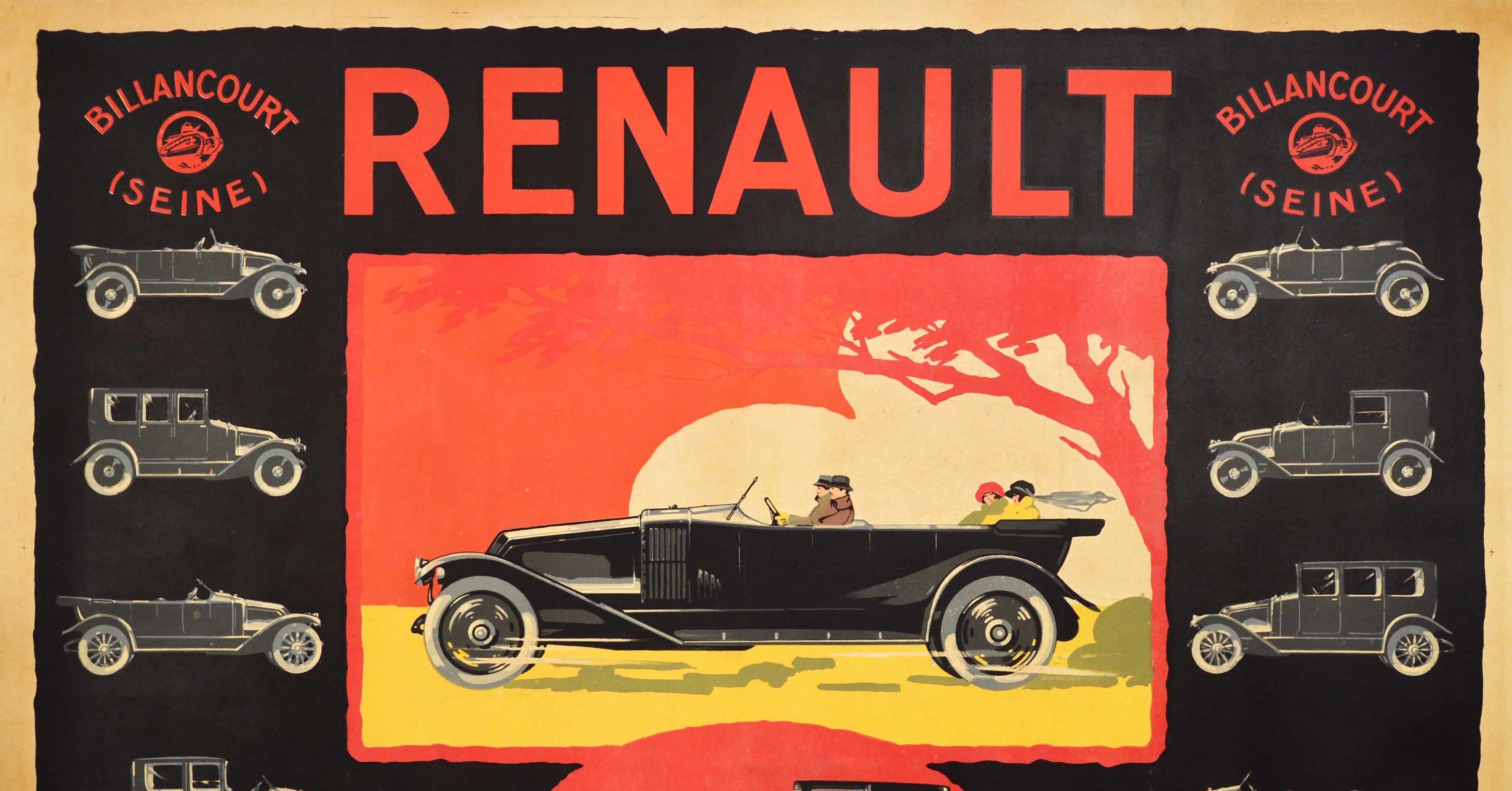 Original antique advertising poster for the French automobile manufacturer Renault featuring a great design showing different car models produced at their Billancourt (Seine) factory on a dark background with colorful Art Deco style images in the